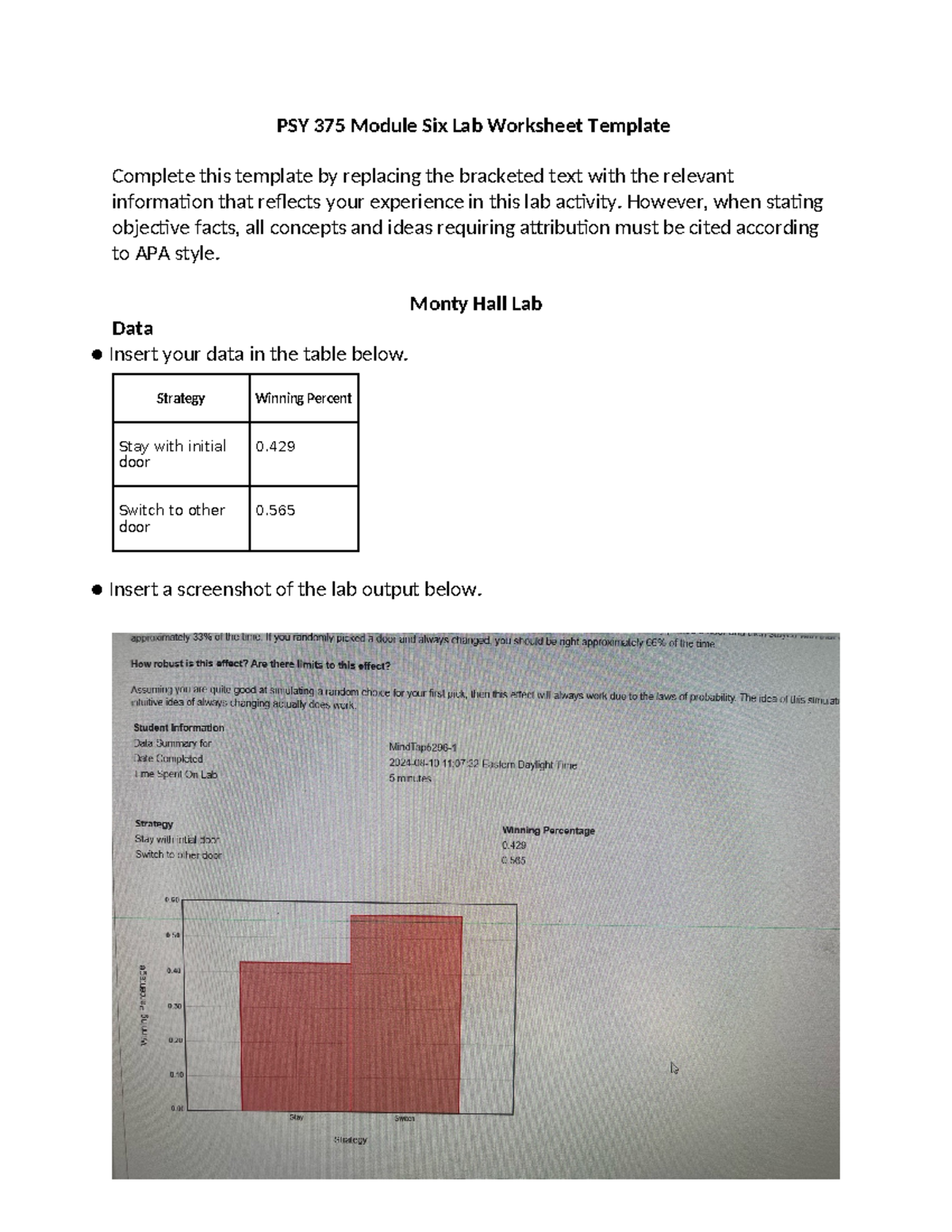 PSY 375 Module 6 Monty Hall & Risky Decisions Lab Worksheet - Studocu