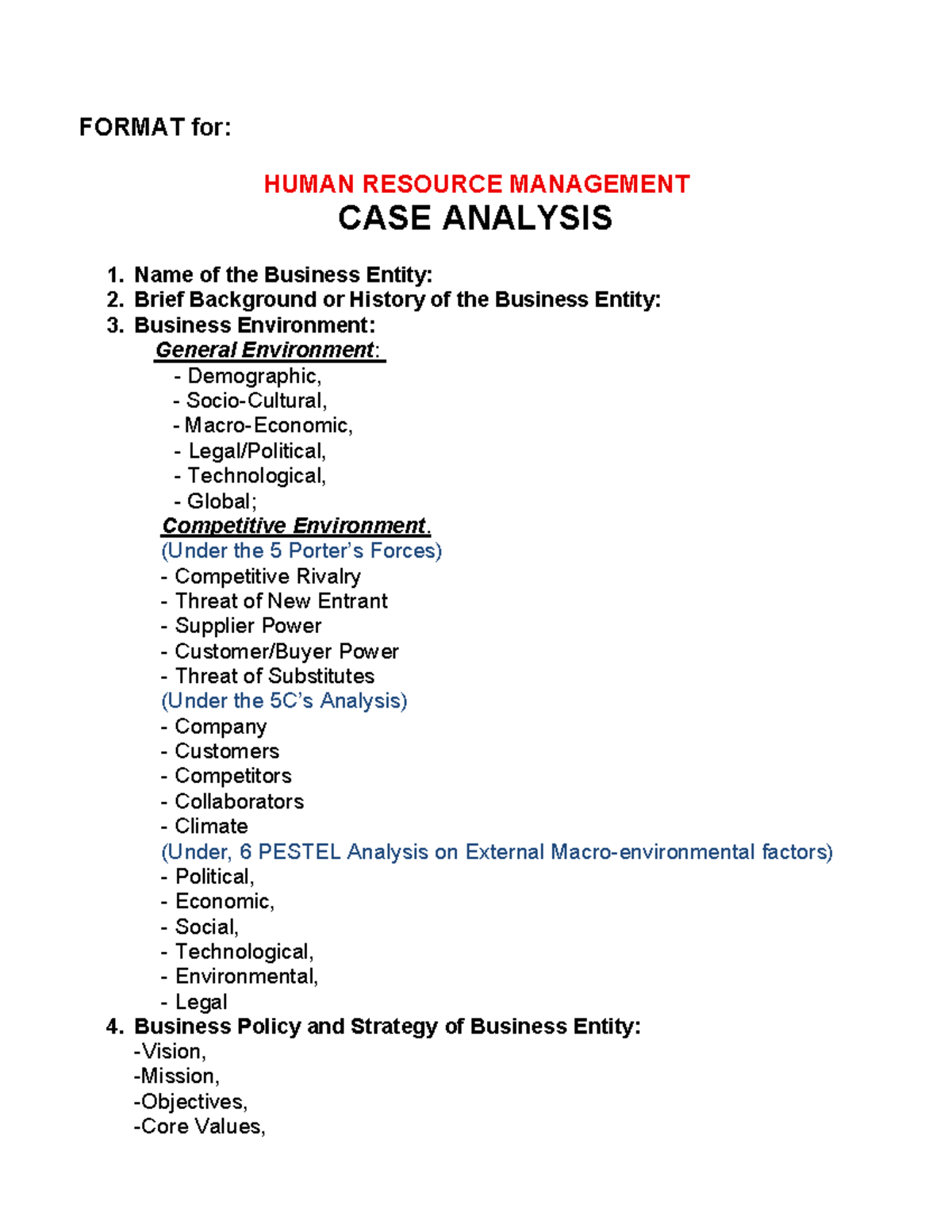 HRM Case Analysis Format: Business Entity Overview & Strategy - Studocu