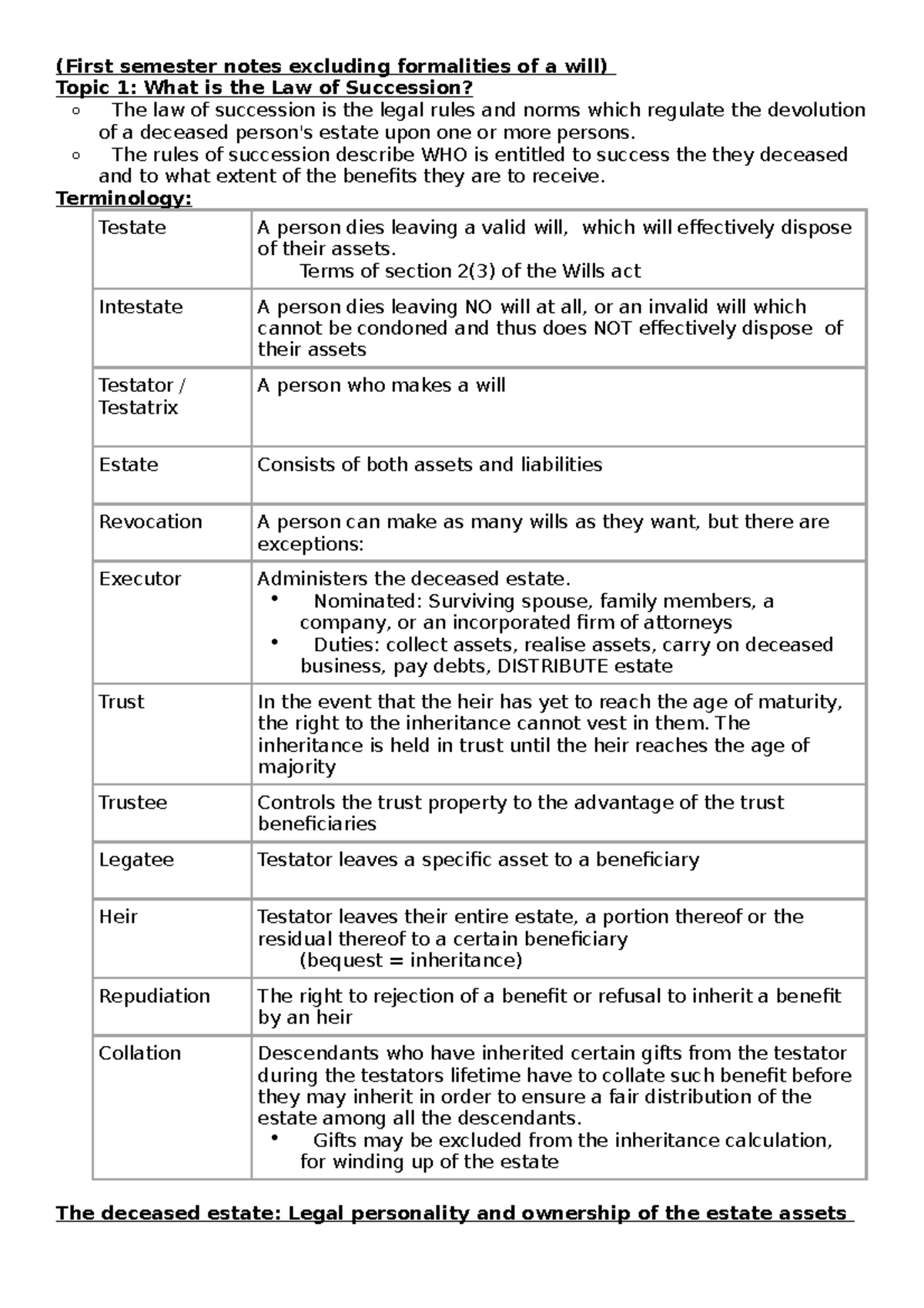 Succession notes final - (First semester notes excluding formalities of ...