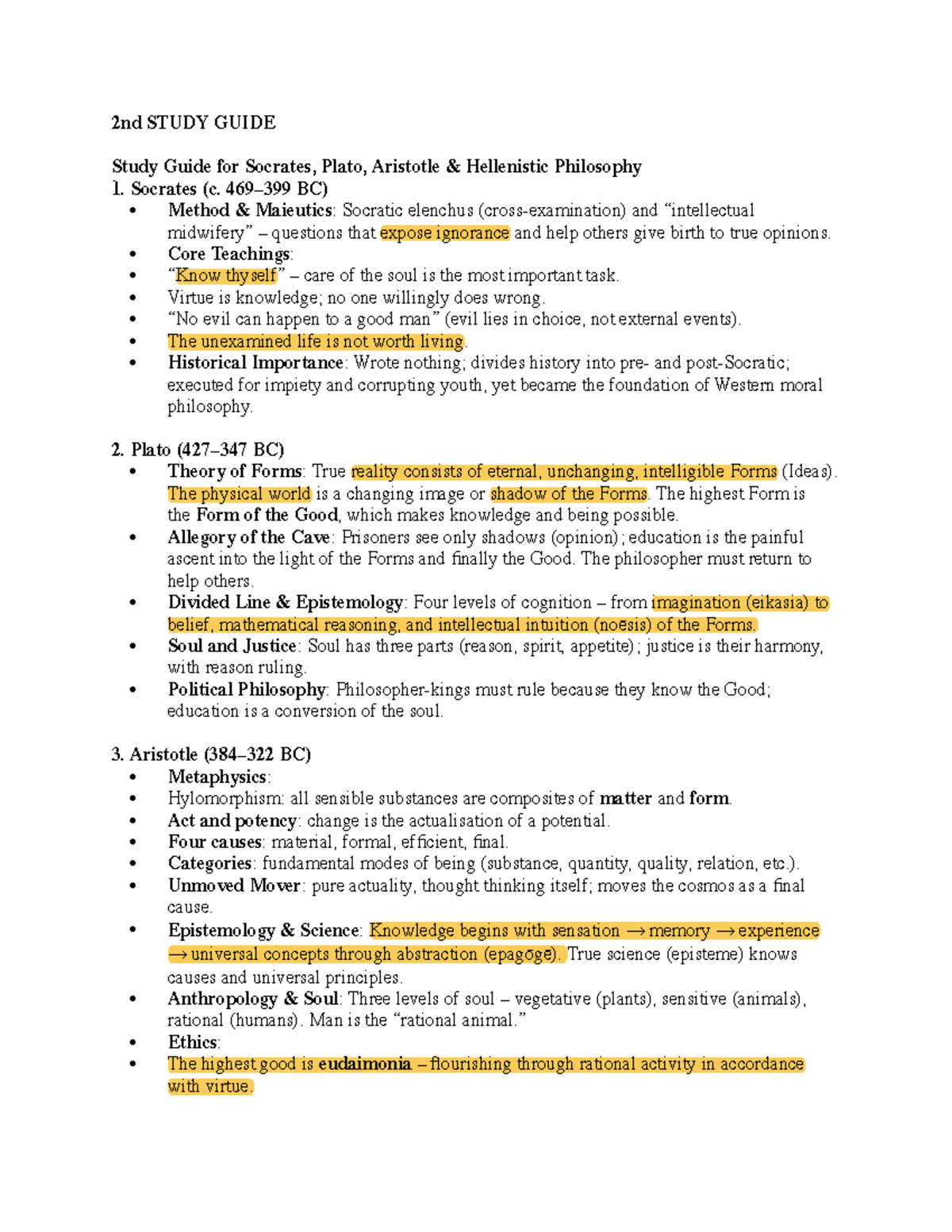 Study Guide: Socrates, Plato, Aristotle & Hellenistic Philosophy - Studocu