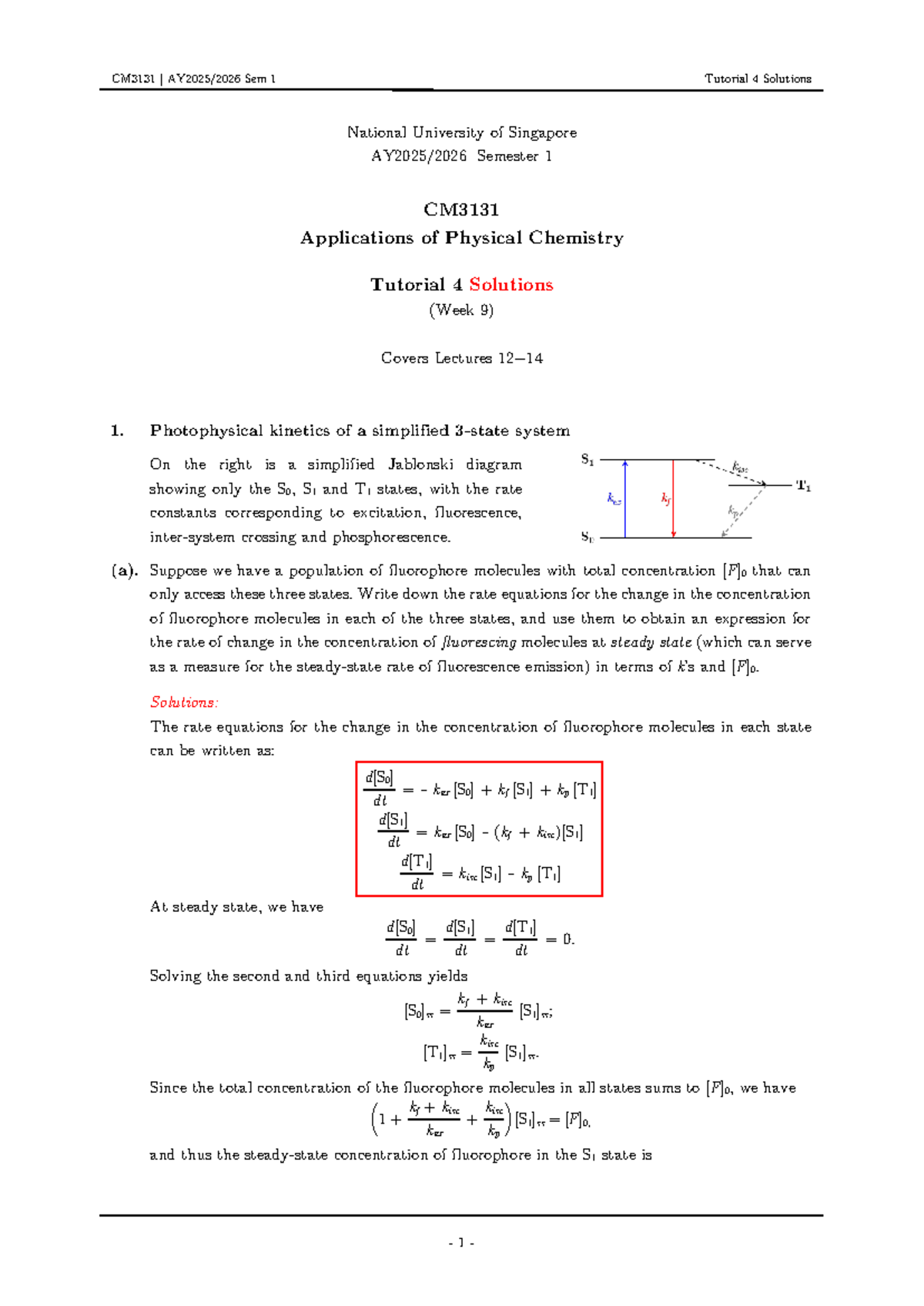 CM3131 Sem 1 Tutorial 4 Solutions on Photophysical Kinetics and Acetone ...