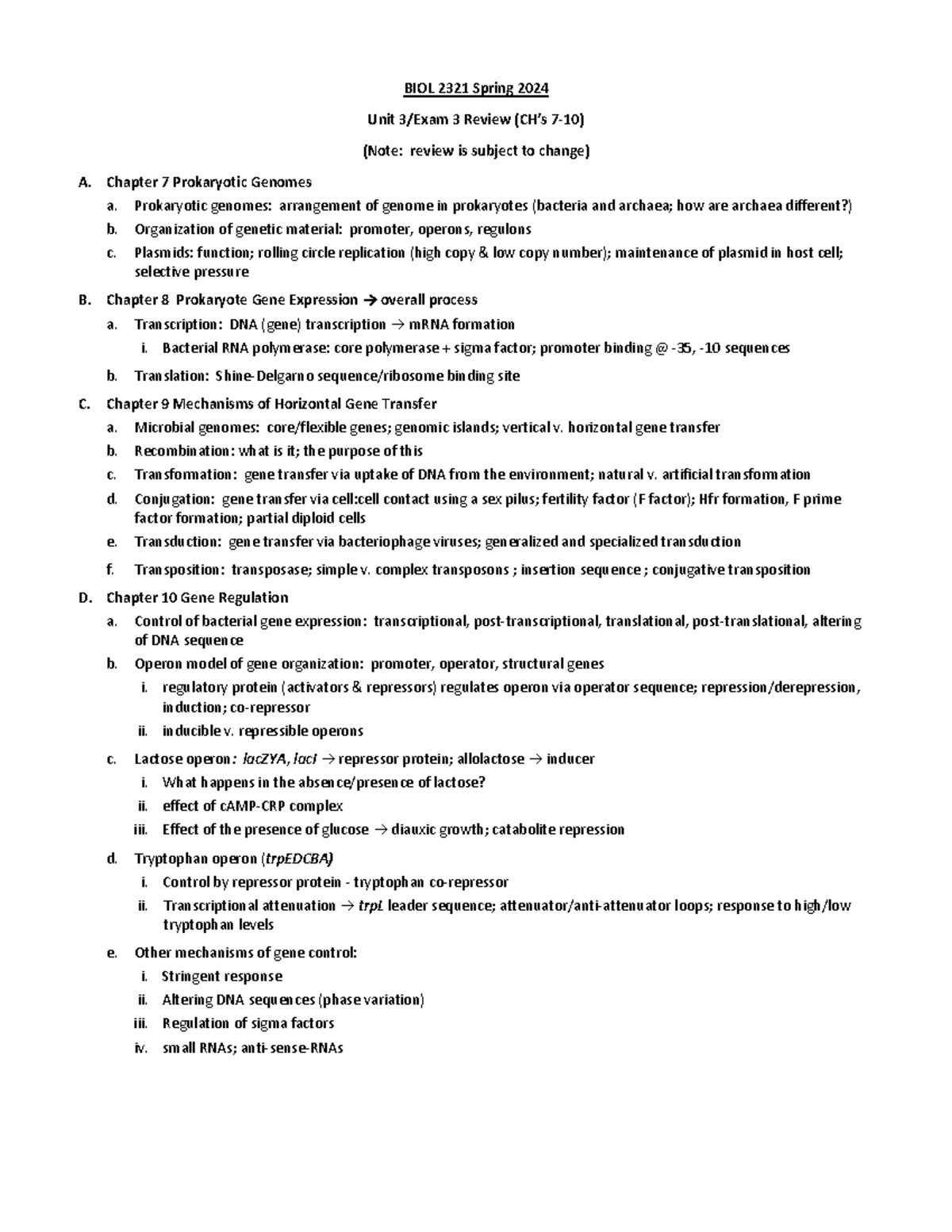 BIOL 2321 Spring 2024: Unit 3 Exam 3 Review (Ch. 7-10 Concepts) - Studocu