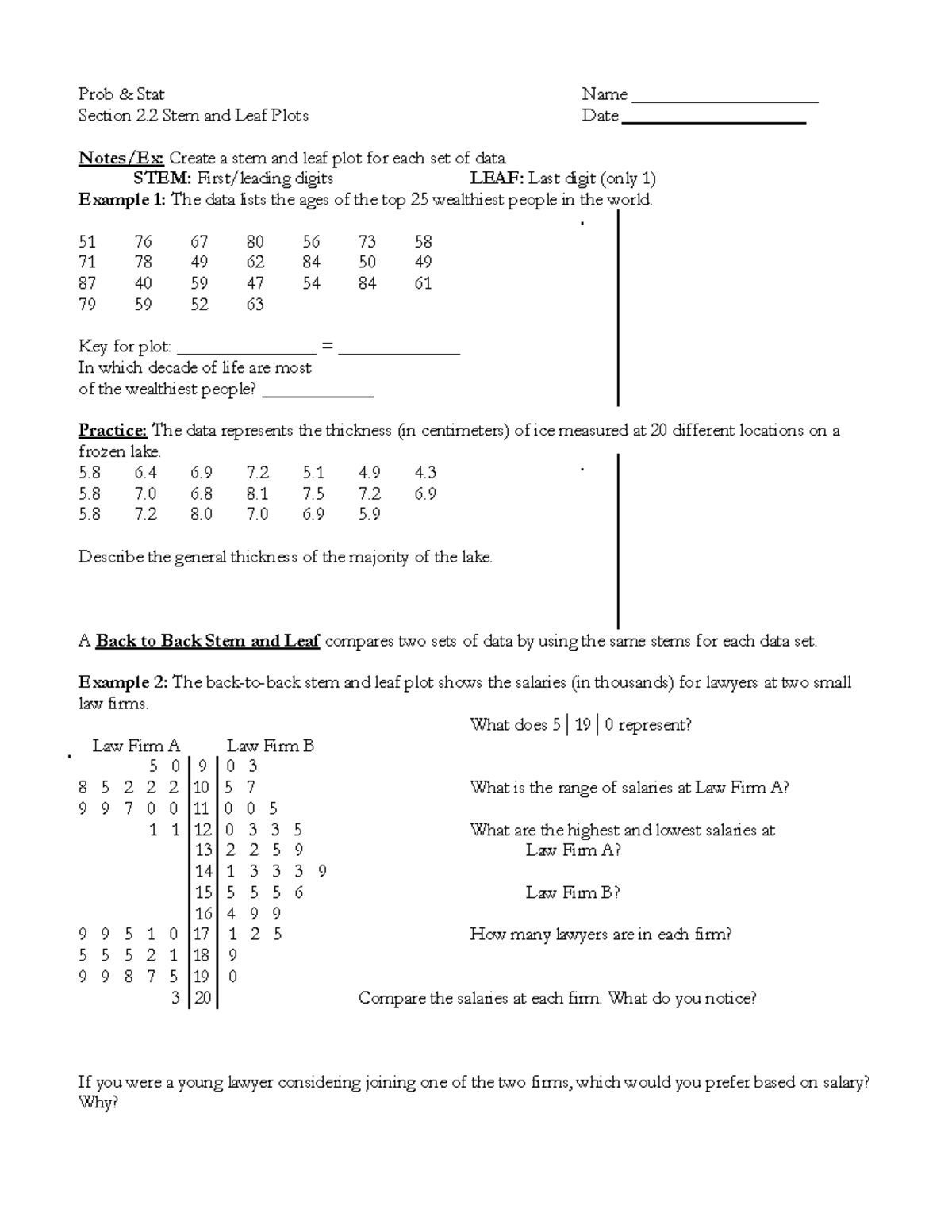 Stem and Leaf - Notes and practice on stem and leaf plots for an intro ...