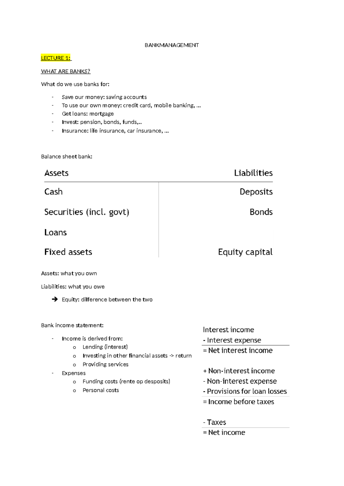 BANKMANAGEMENT LECTURE 1: INTRODUCTION TO BANKS AND RISKS - Studocu
