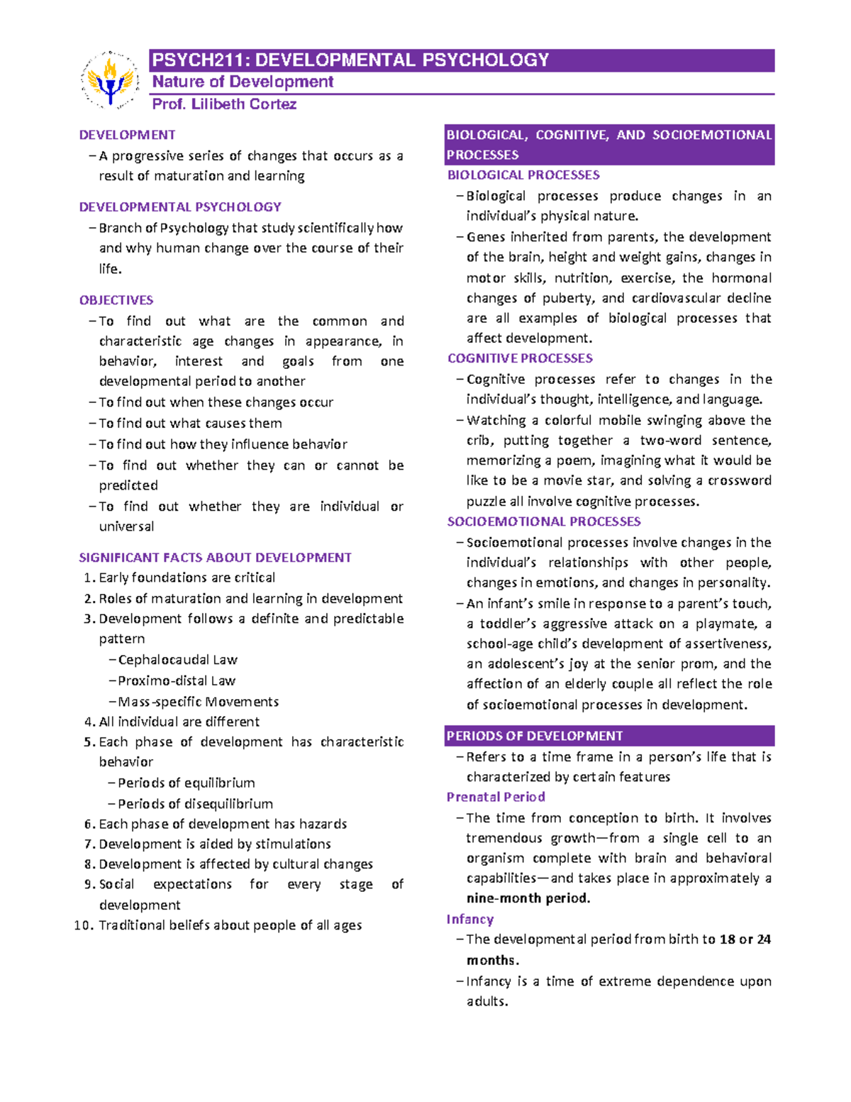 Dev Psych - Developmental Psychology Notes by Prof. Cortez - Studocu