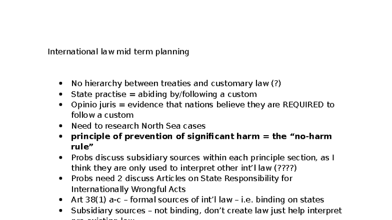 Intl Law Midterm Planning: Treaties, Customary Law & Case Studies - Studocu