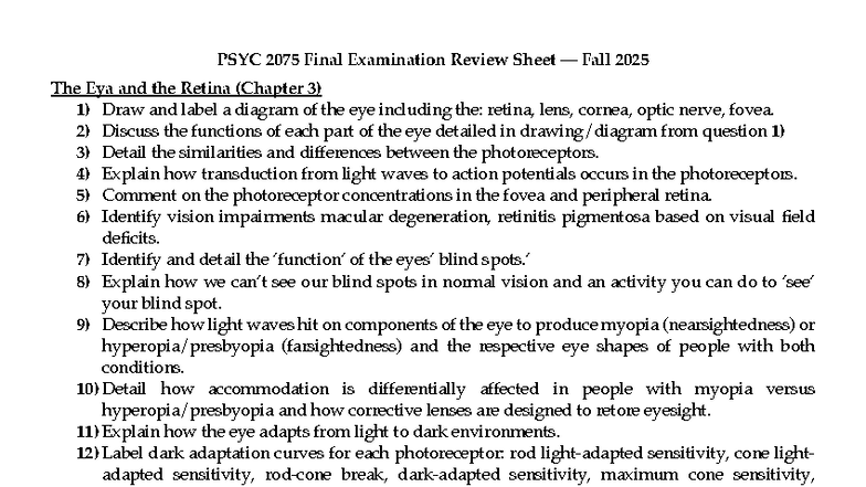 PSYC 2075 Final Exam Review Sheet - Vision (Chapters 3-5) - Studocu