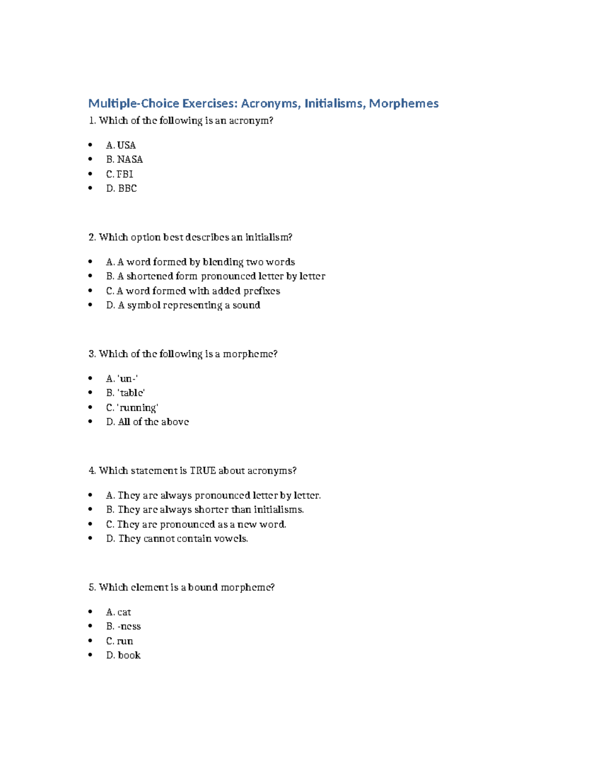 MC Exercises: Acronyms, Initialisms, and Morphemes - Studocu