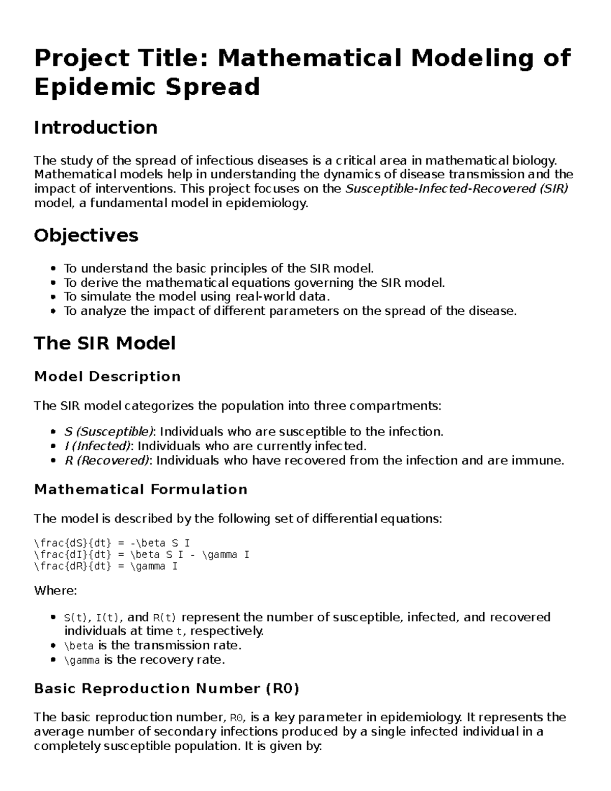 Mathematical Modeling of Epidemic Spread: SIR Model Analysis - Studocu