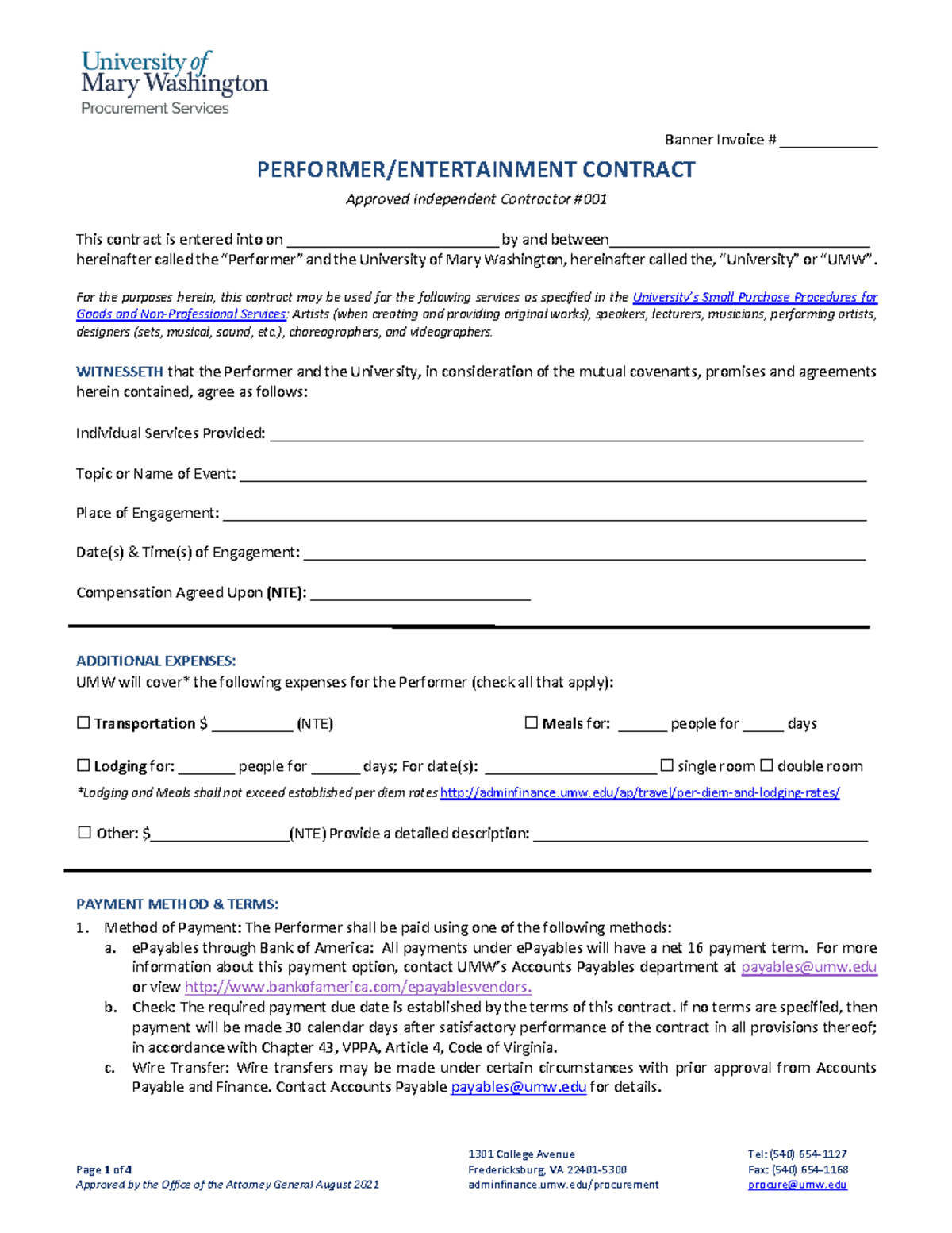 UMW Performer/Entertainment Contract - FY22 Fillable Template - Studocu