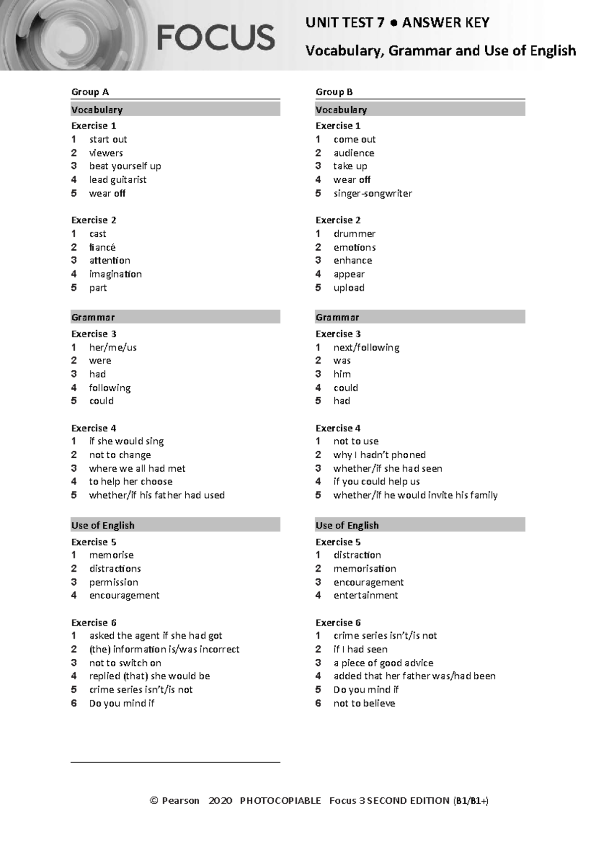 Focus 3 2E Unit Test 7: Vocabulary, Grammar & Use of English Answers ...