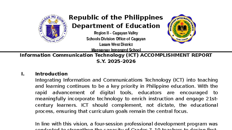 ICT Accomplishment Report S.Y. 2023-2024 - Magsaysay Integrated School ...