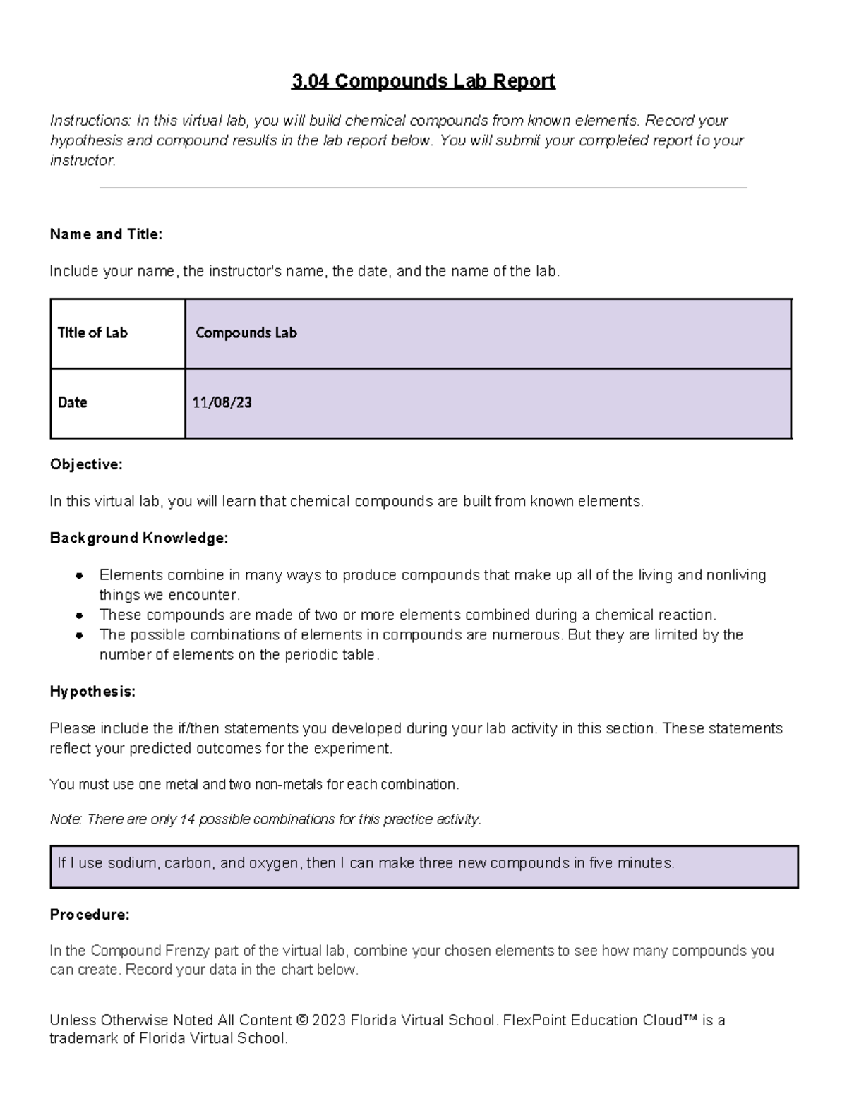 Compounds Lab Report - SC3 Virtual Lab Findings & Analysis - Studocu