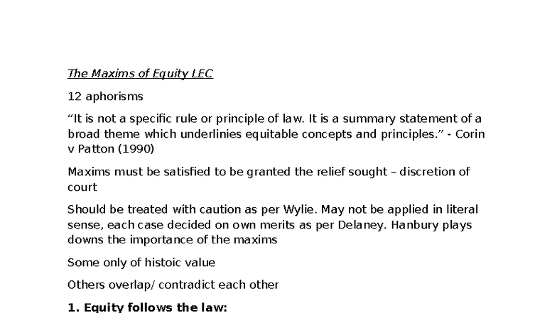 The Maxims of Equity LEC 12: Key Principles and Case Analysis - Studocu
