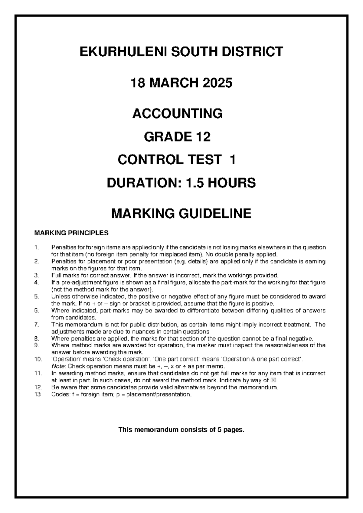 2025 Grade 12 Accounting Control Test 1 Marking Guideline - Studocu