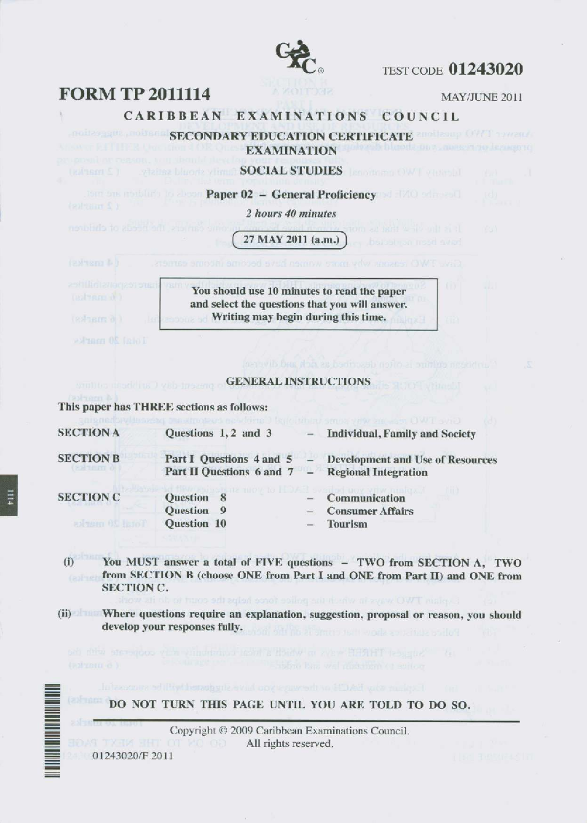 Toaz - csec social studies past paper paper 2 - Ctc R TEST CODE ...