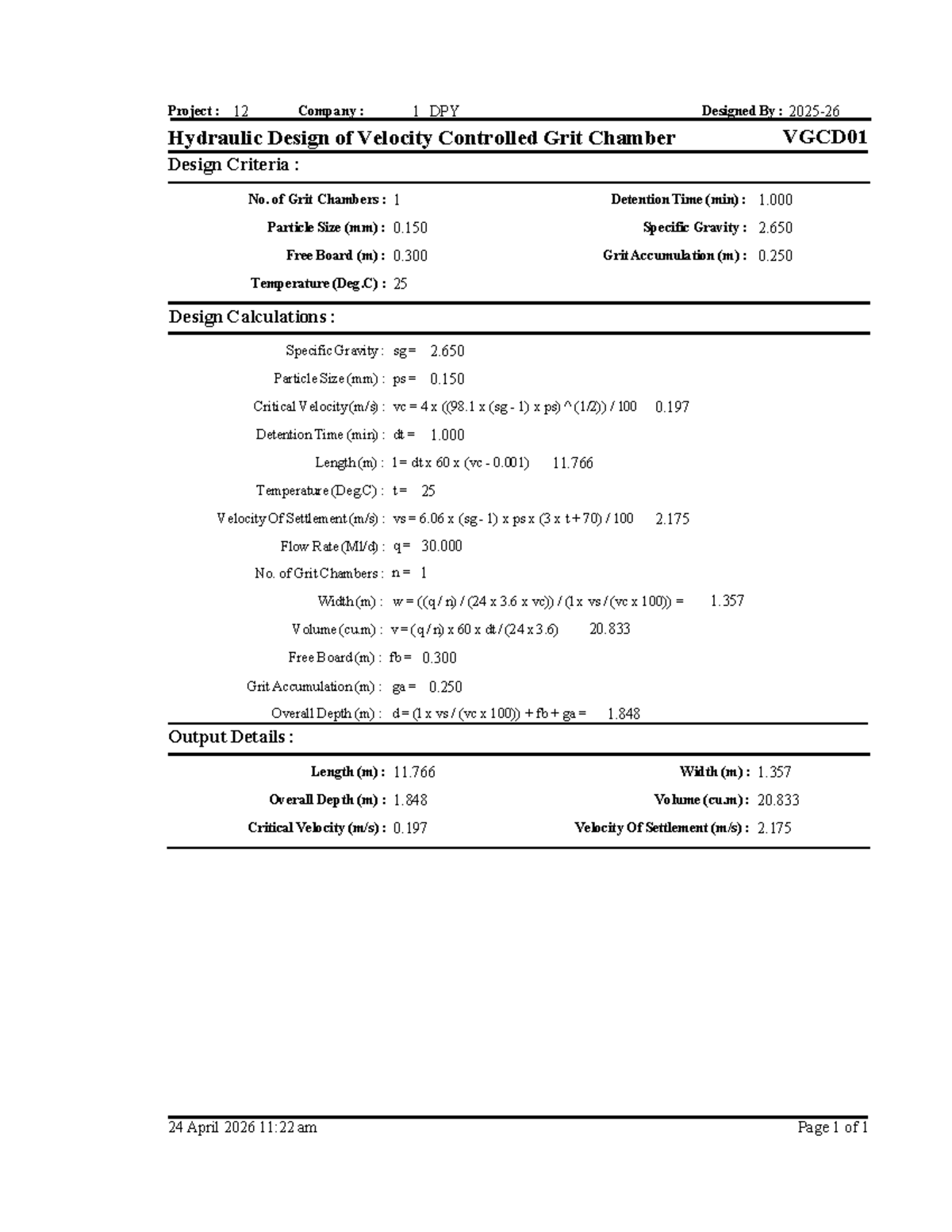 VGCD01 Hydraulic Design of Grit Chamber: Key Calculations and Criteria ...