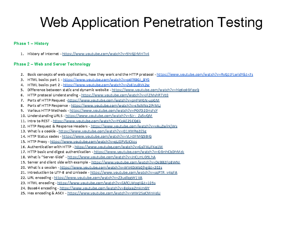 Web Application Penetration Testing Course Overview (Phase 1-8) - Studocu