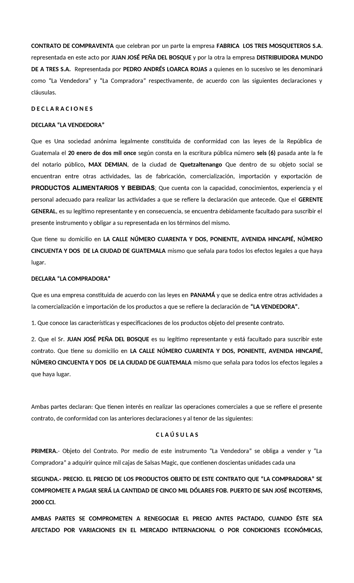 Contrato de Compraventa FOB - FABRICA LOS TRES MOSQUETEROS y DISTRIBUIDORA MUNDO DE A TRES - Document Preview