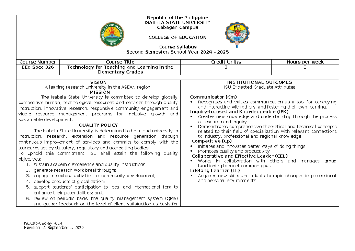 EEd Spec 326 Syllabus: Technology for Teaching in Elementary Education ...