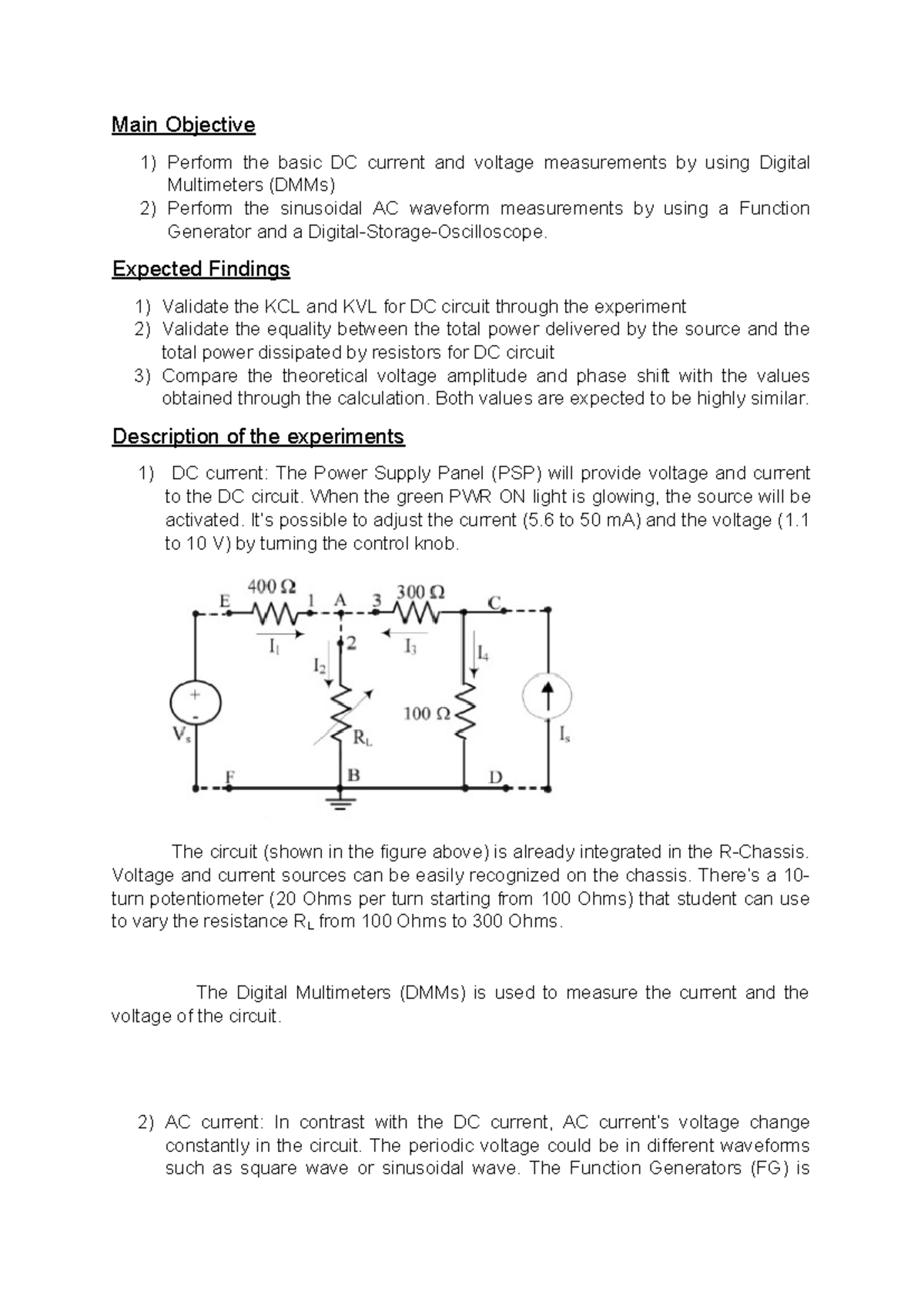 Lab Report 1 - Main Objective Perform the basic DC current and voltage ...