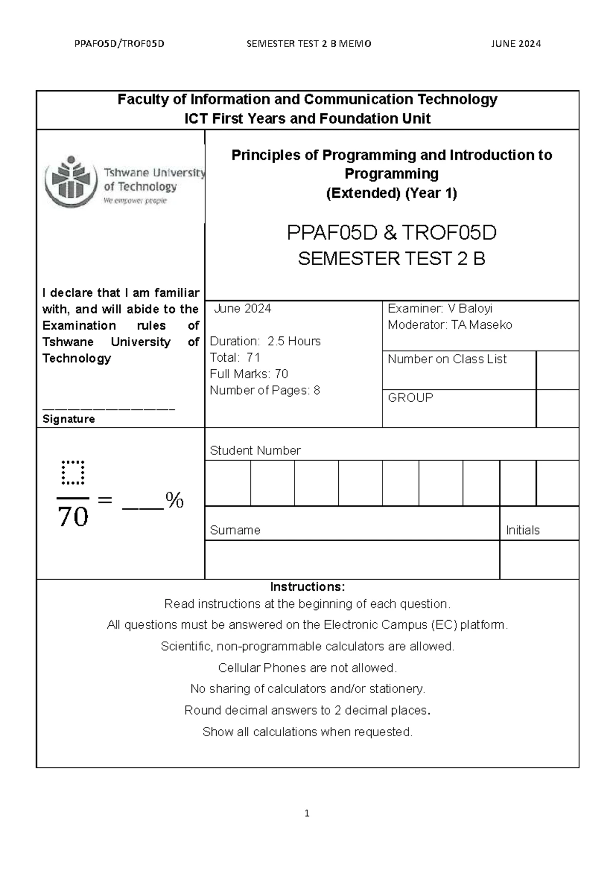 CLASS TEST 2B MEMO MAY 2024 - PPAF05D & TROF05D Programming Principles ...
