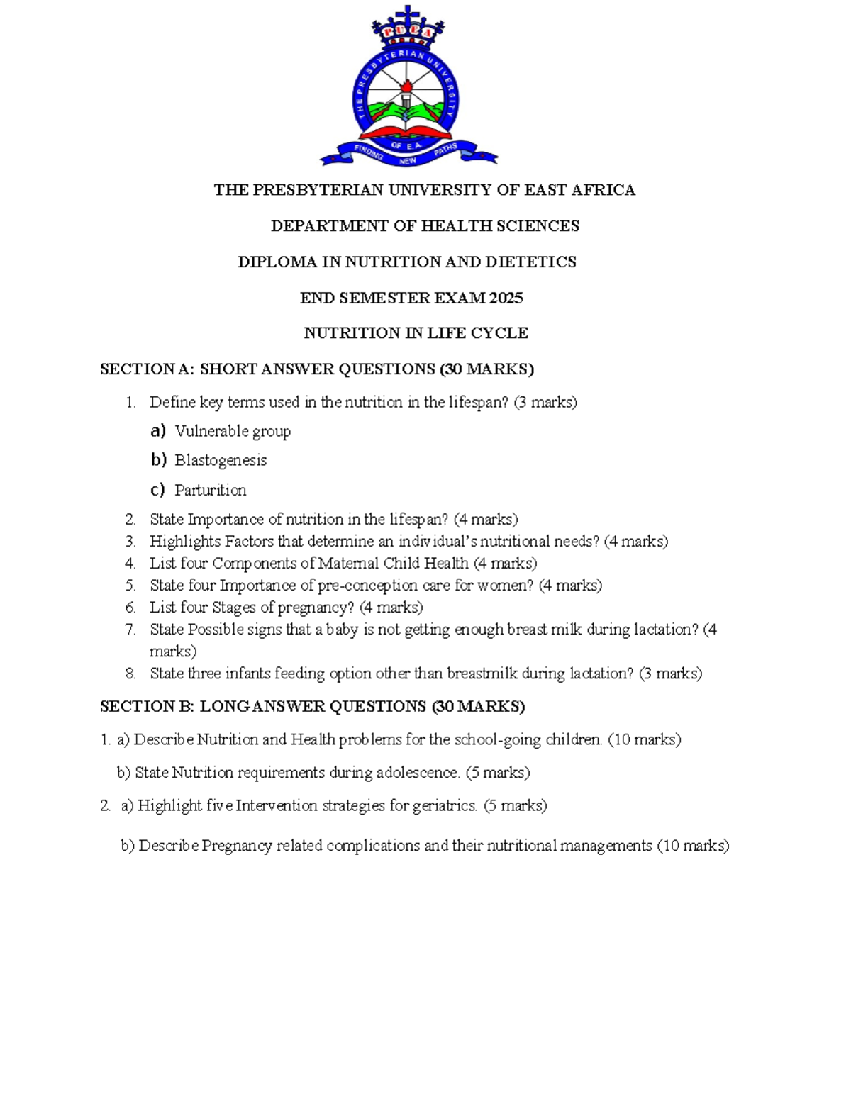 Nutrition in Life Cycle - End Semester Exam 2025 (Diploma) - Studocu