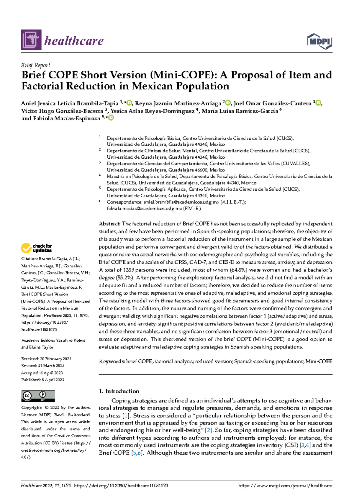 Healthcare 11: Brief COPE Short Version Factorial Reduction in Mexico ...