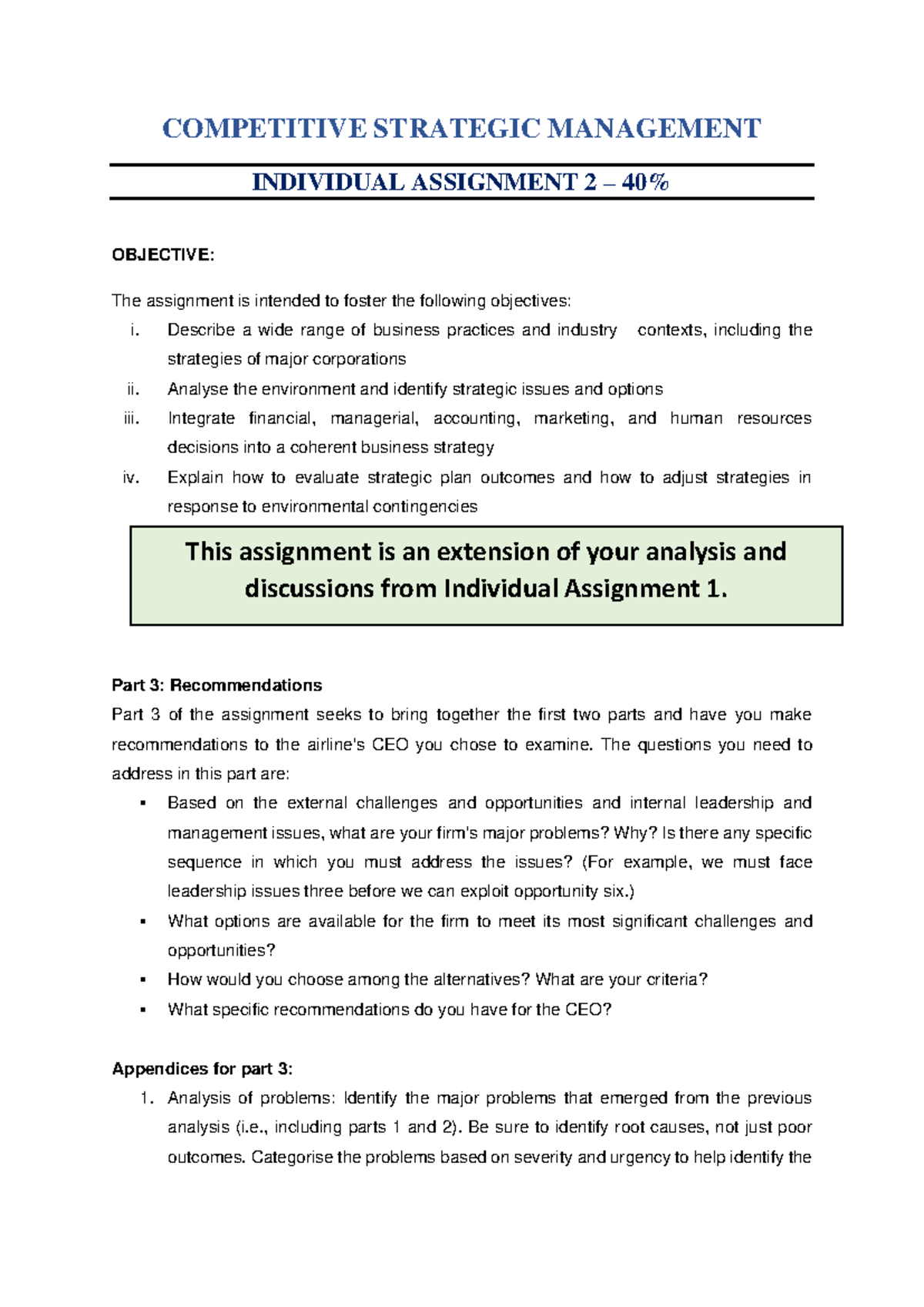 Individual Assignment 2-JAN 2025-1 - COMPETITIVE STRATEGIC MANAGEMENT ...