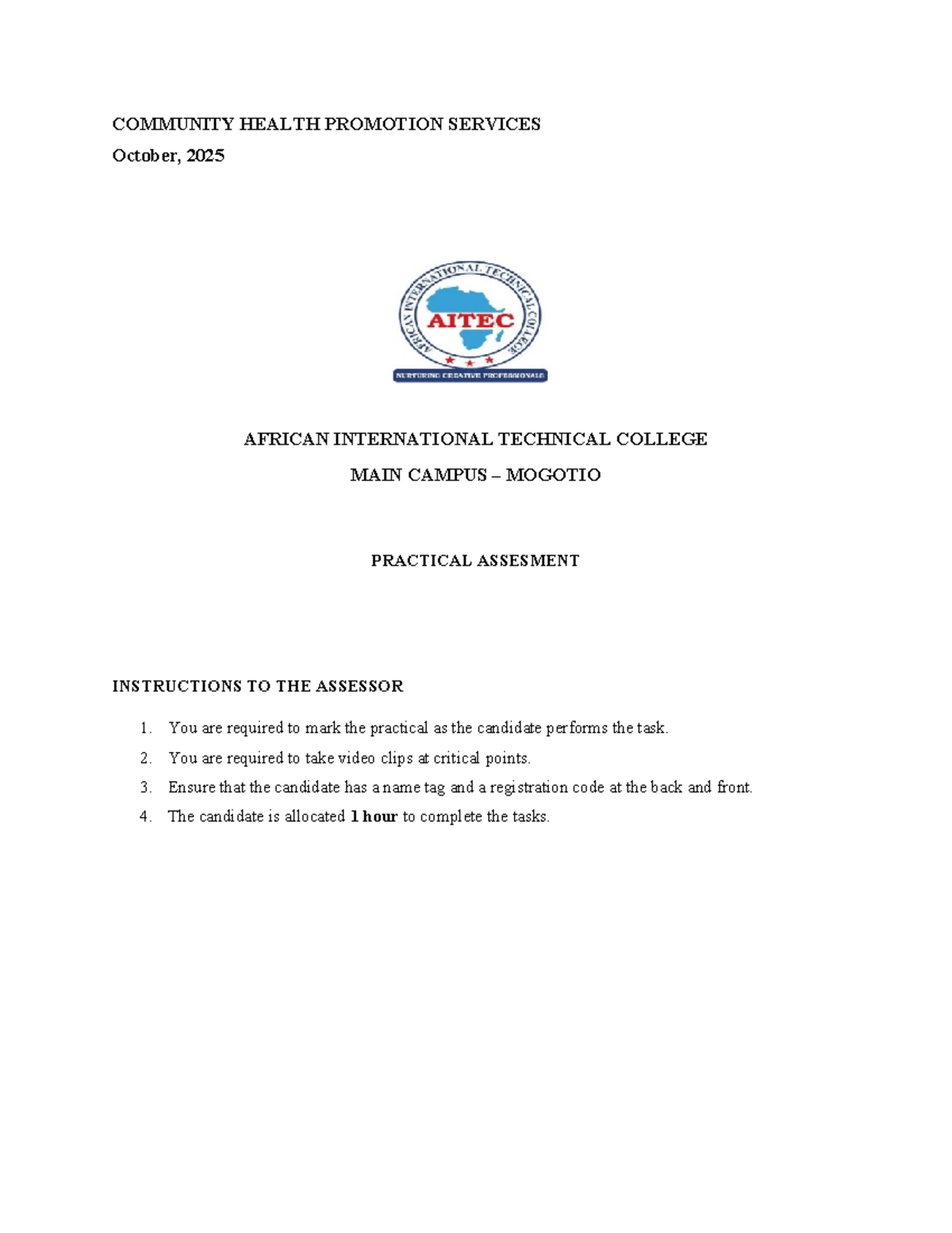 Observation Checklist for Community Health Promotion Services (CH SEP25 ...
