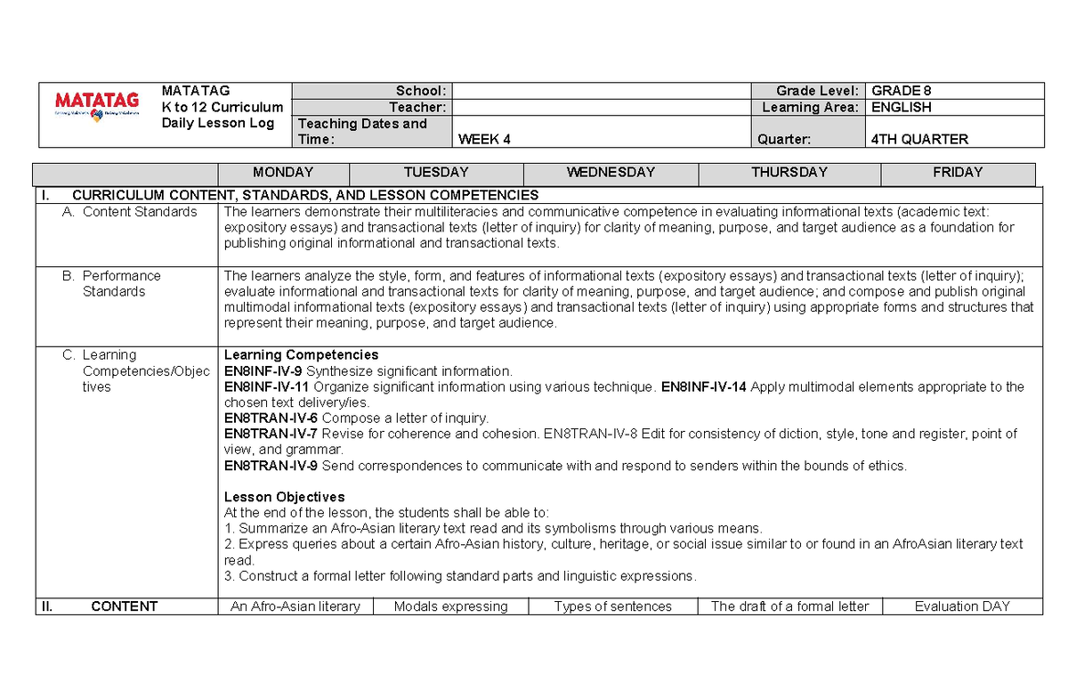 DLL Q4 ENG 8 WEEK 4 - LESSON PLAN ON MULTILITERACIES AND LETTER WRITING ...