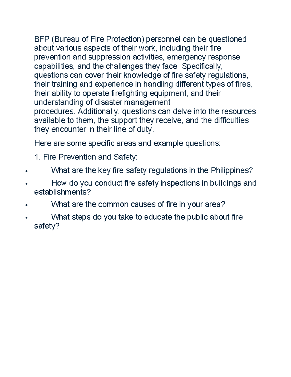 BFP - Interview Questions for Fire Safety Personnel - Studocu