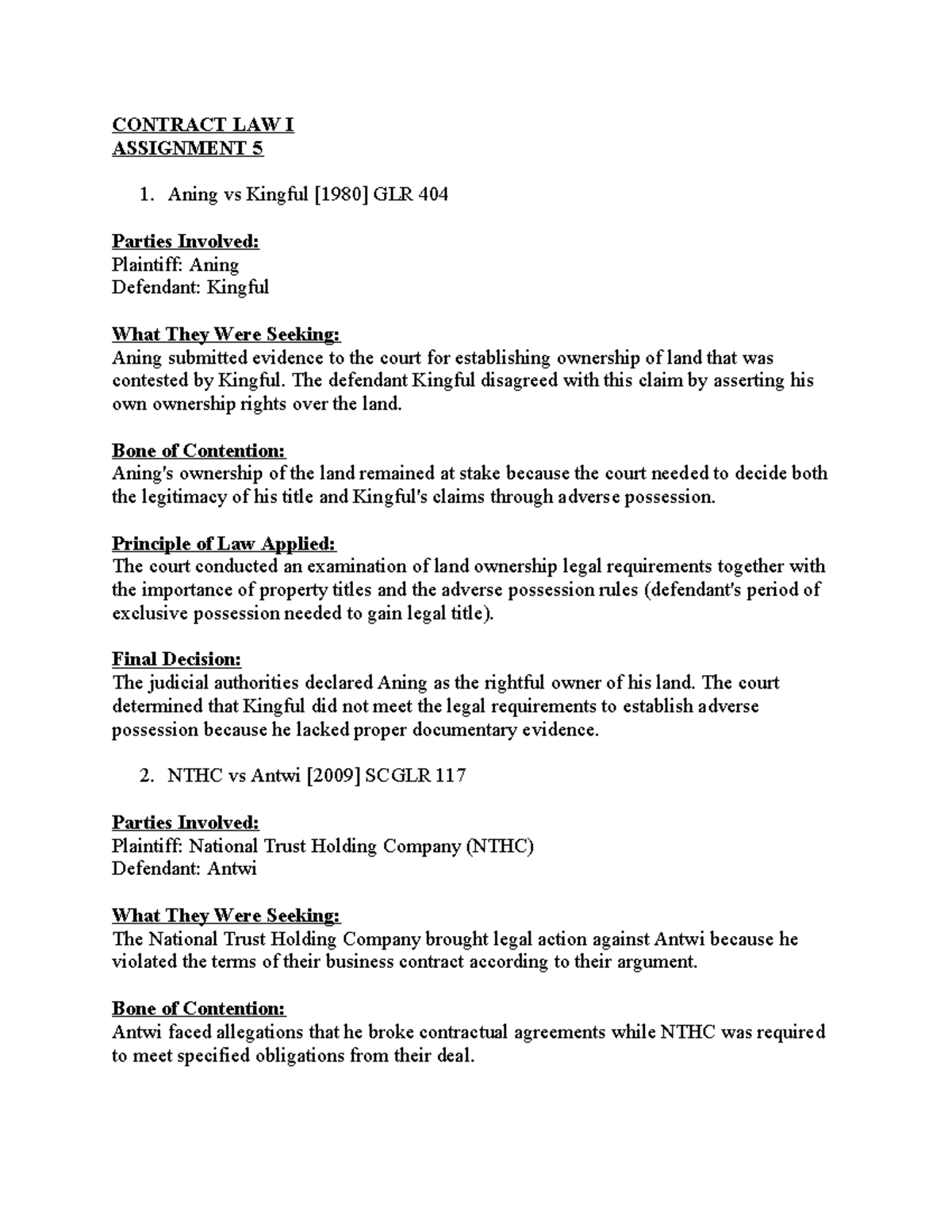Contract Law I Assignment 5: Case Summaries and Legal Principles - Studocu
