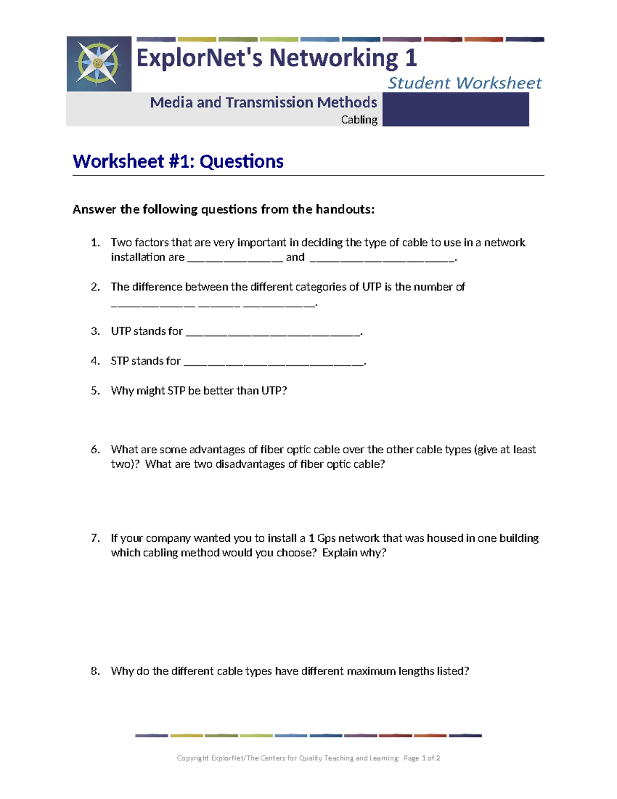 105 - Media and Transmission Methods Worksheet #1: Cable Questions ...