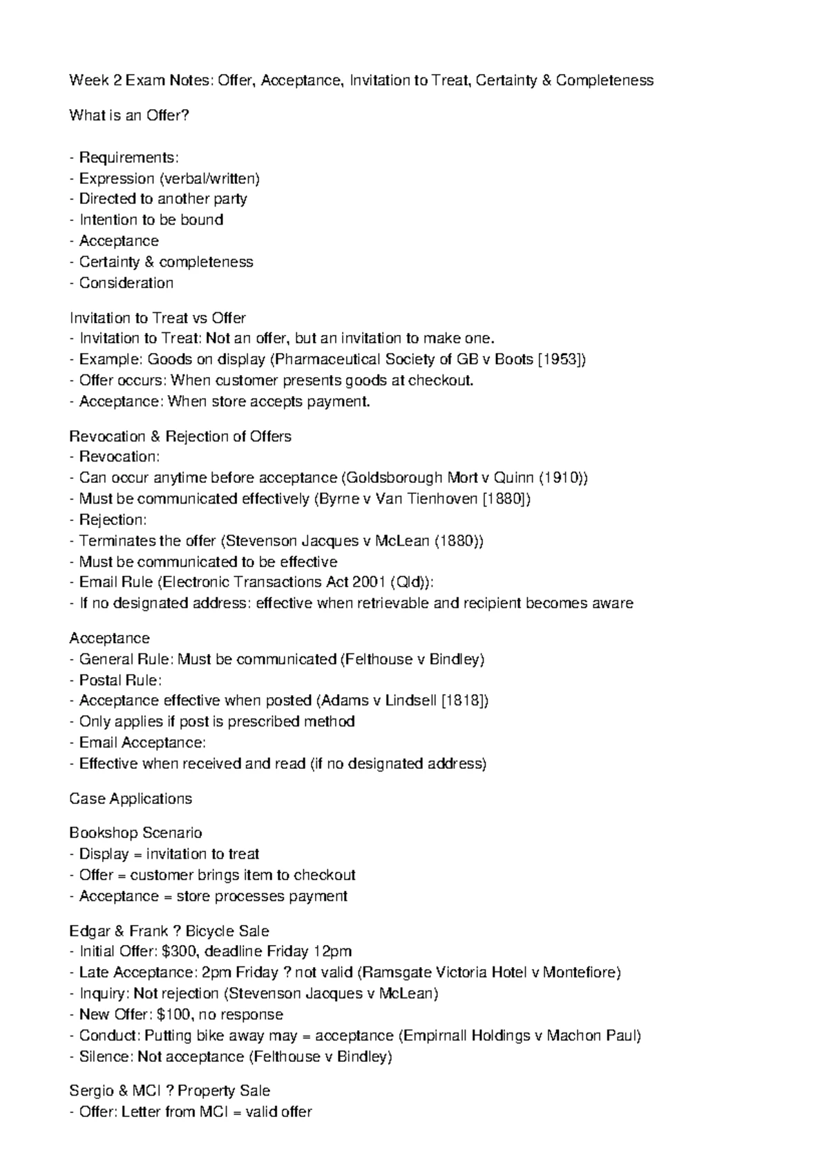 Acceptance Exam Notes: Key Principles and Case Examples - Studocu