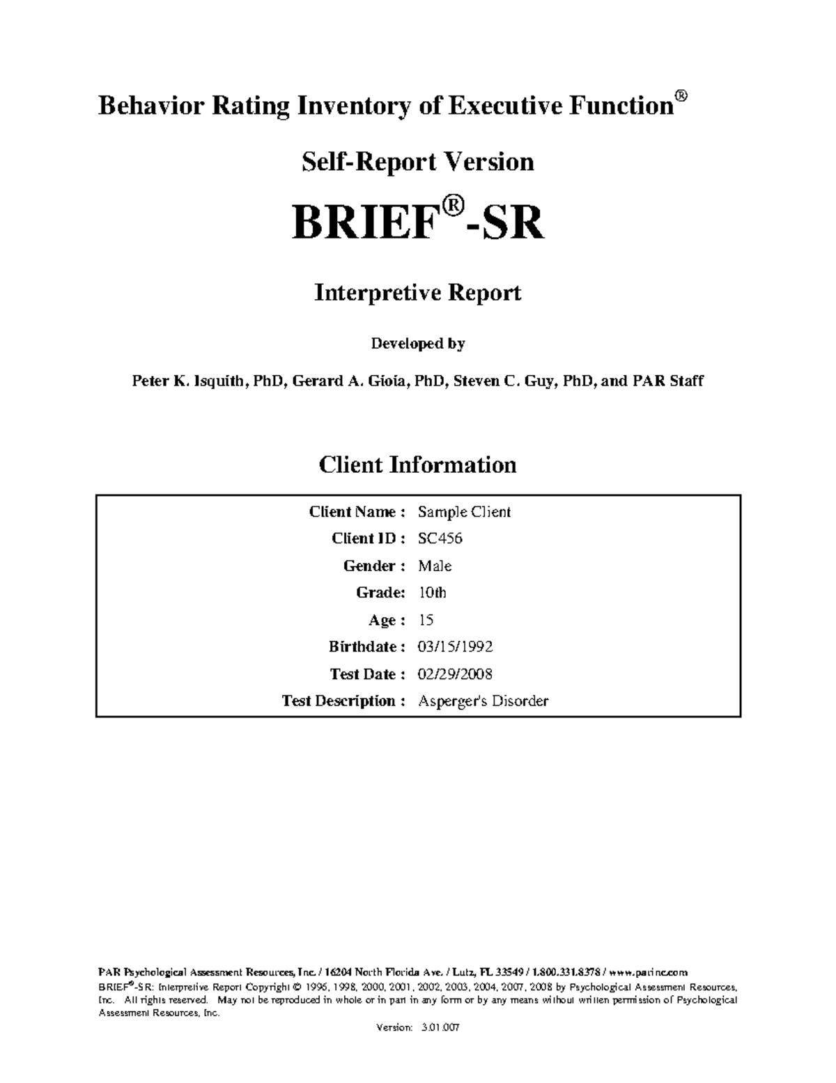 BRIEF-SR Interpretive Report for Sample Client (Grade 10) - Studocu