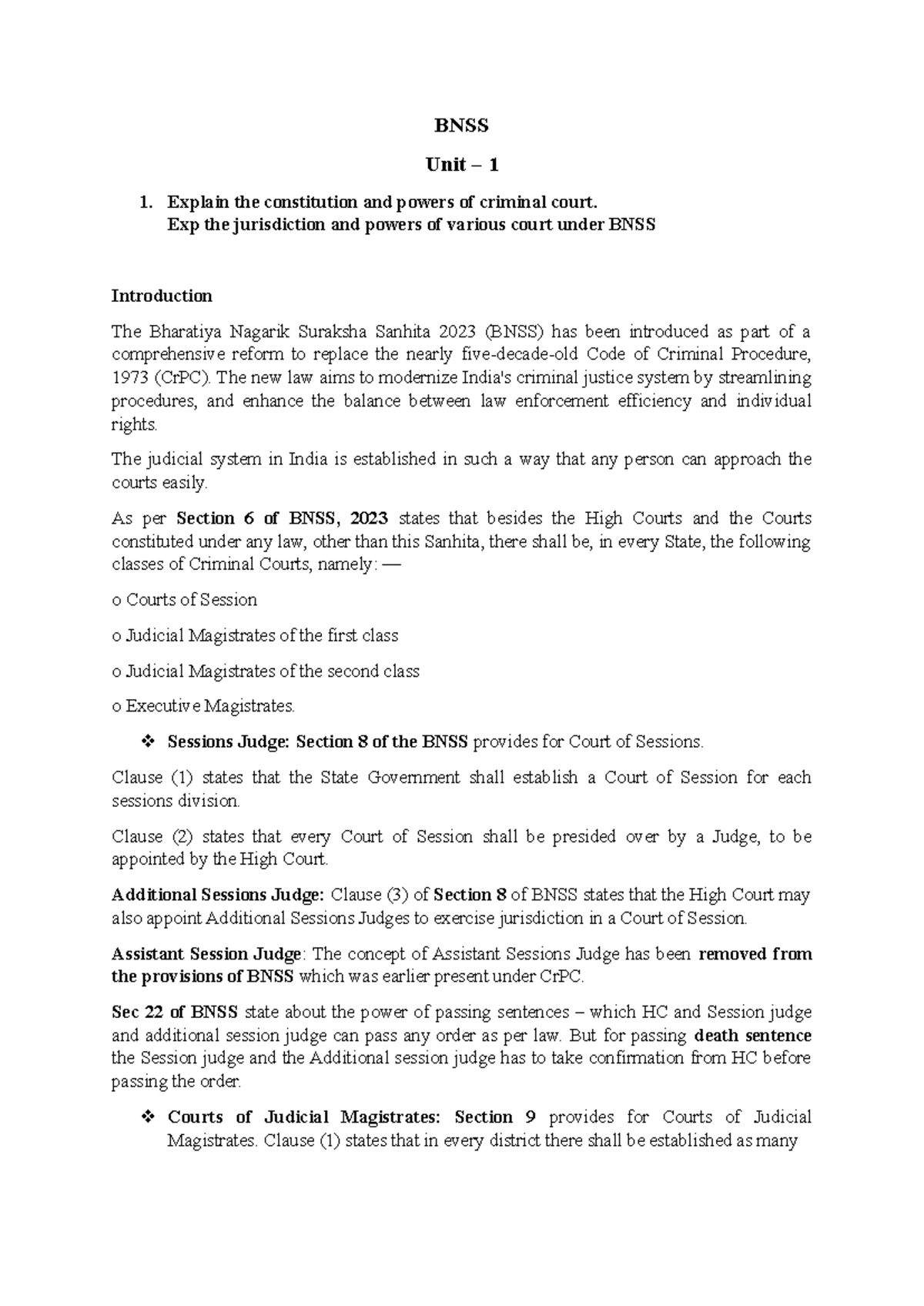 BNSS Unit 1: Overview of Criminal Courts and Their Powers - Studocu