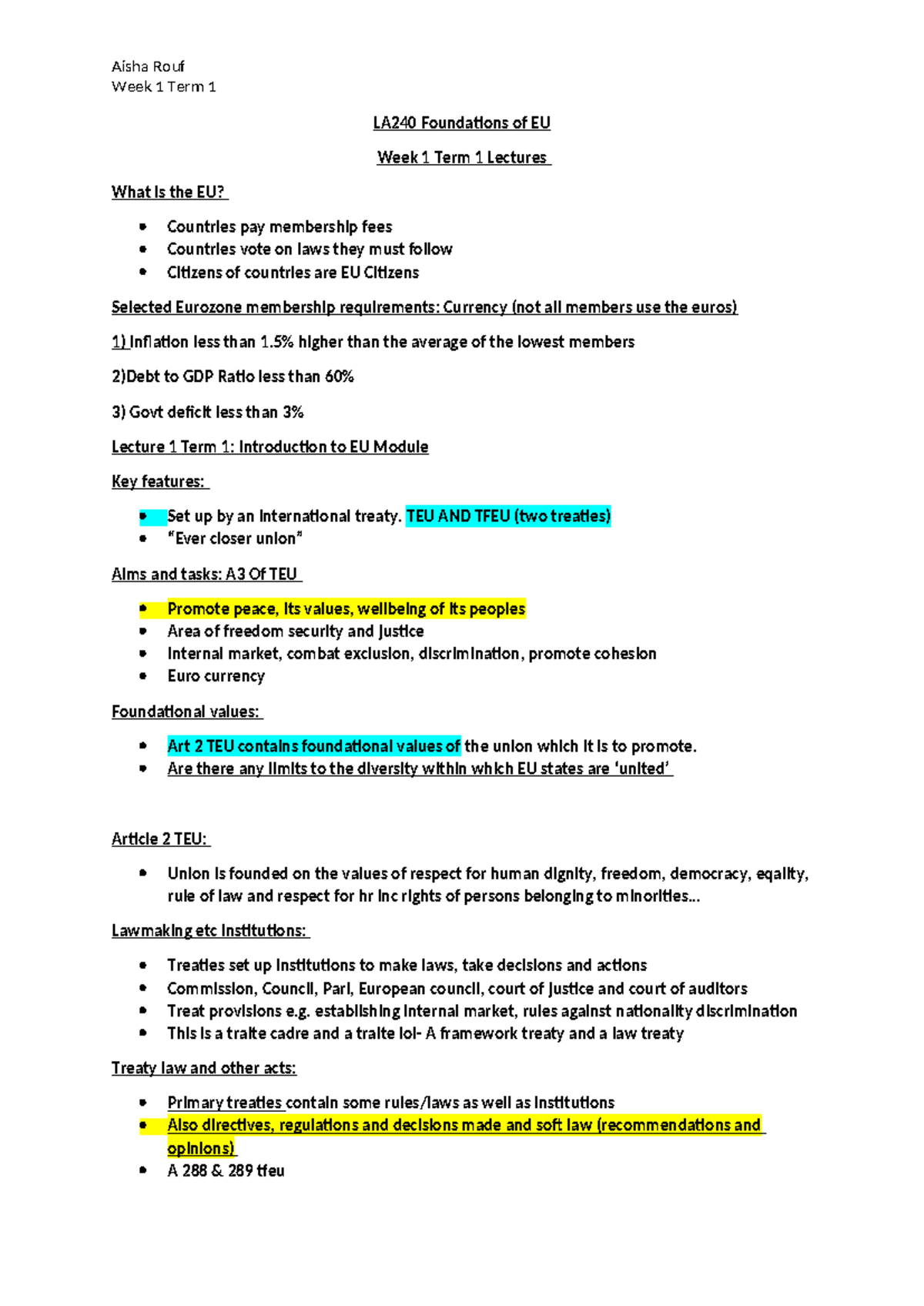 LA240 Week 1 Lecture Notes: Foundations of the EU - Studocu