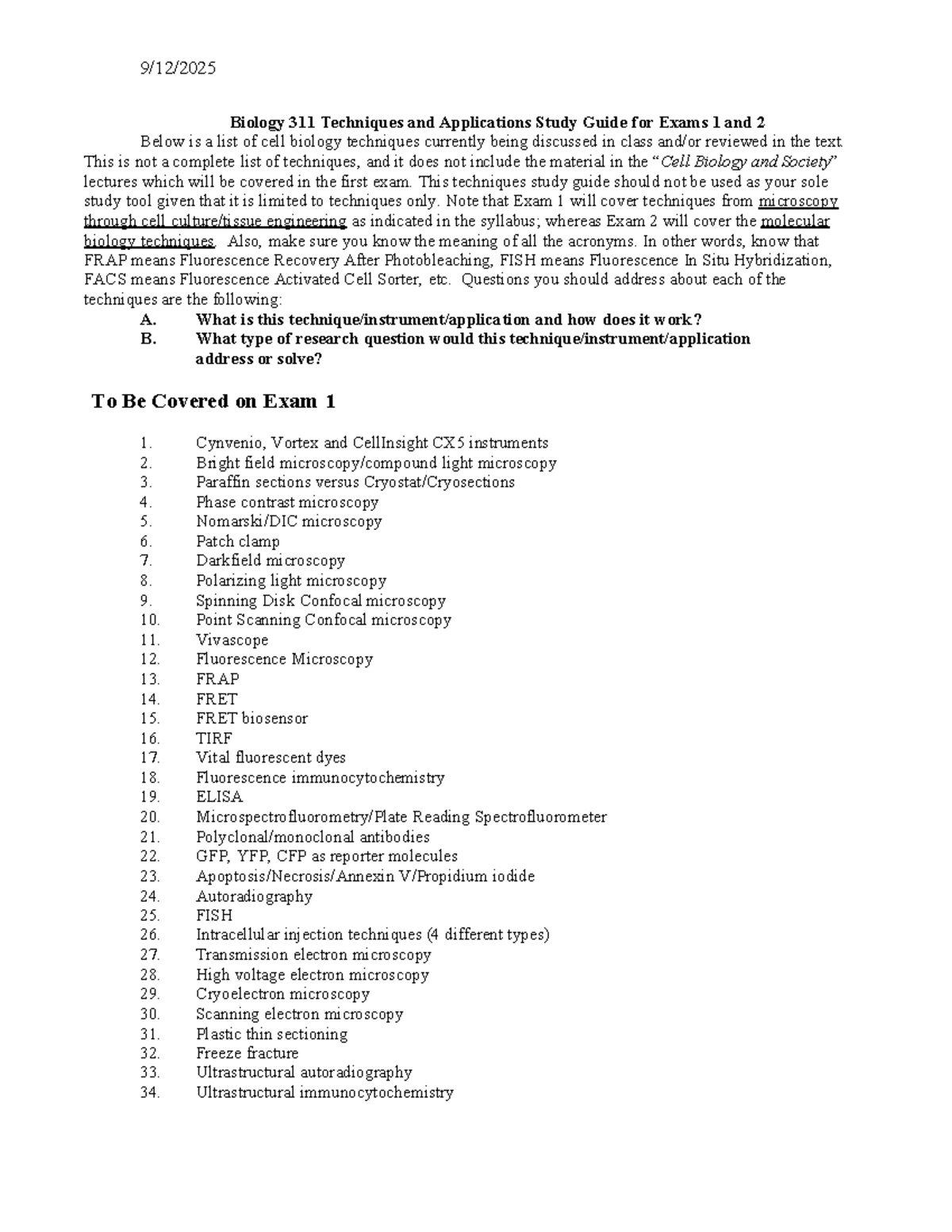 Biology 311 Techniques Study Guide for Exams 1 & 2 - Fall 2025 - Studocu