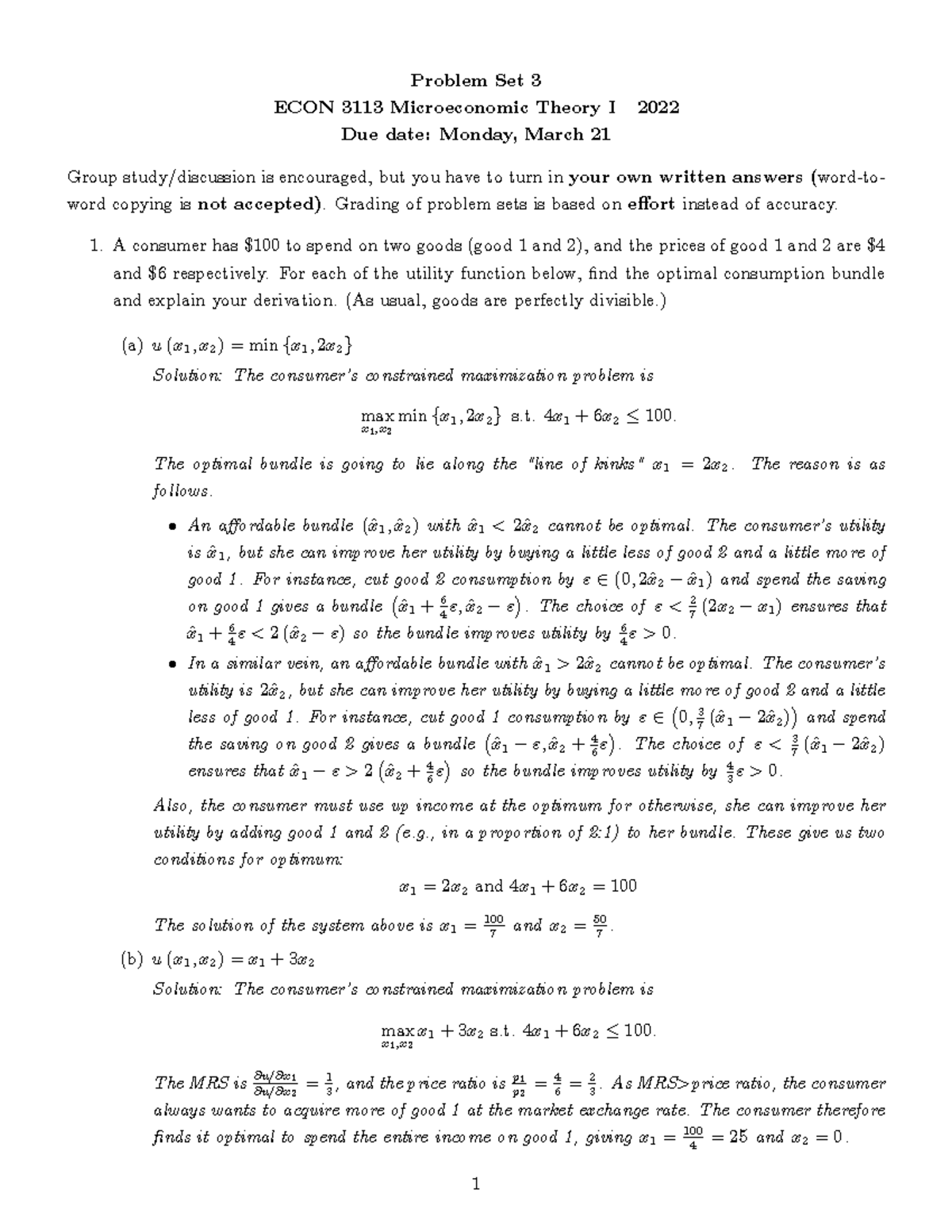 ECON 3113 Problem Set 3A - Microeconomic Theory Practice Questions ...