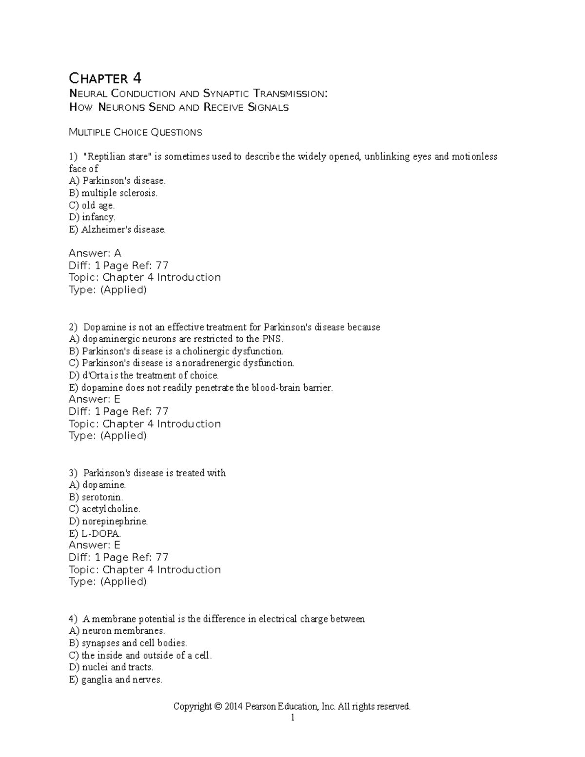 Ch04 TB: Neural Conduction & Synaptic Transmission - Test Bank 9e - Document Preview