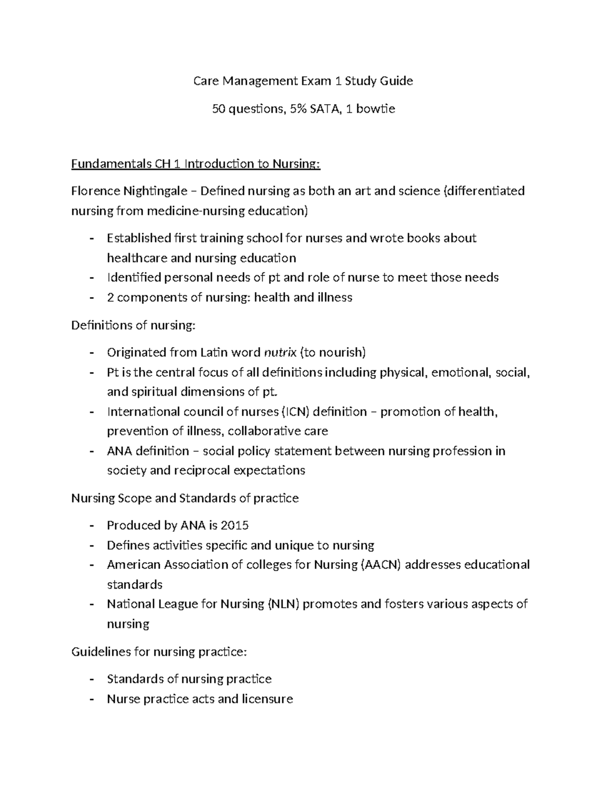 Care Management Exam 1 Study Guide: Key Concepts and Insights - Studocu
