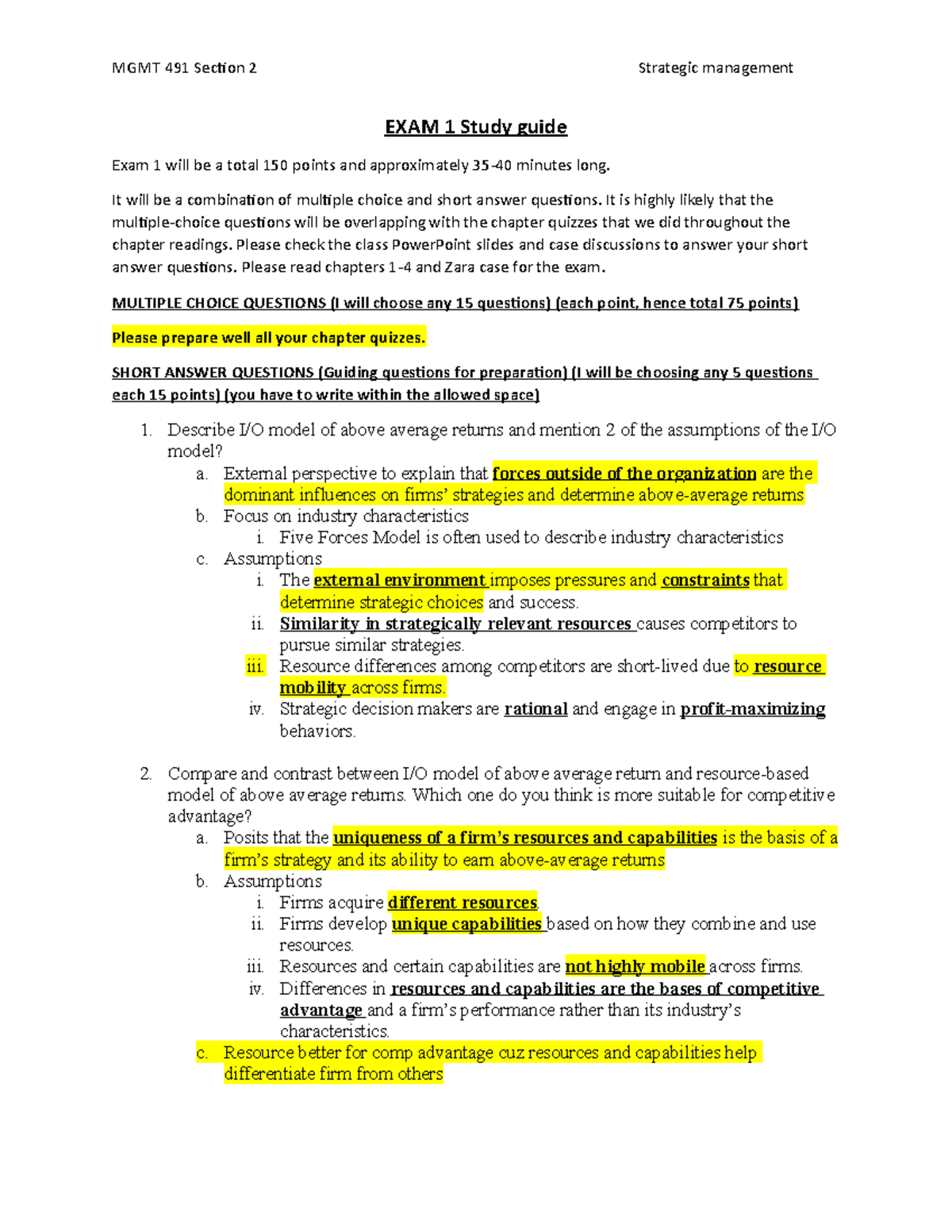 Exam 1 Study Guide for MGMT 491: Key Concepts & Strategies - Studocu