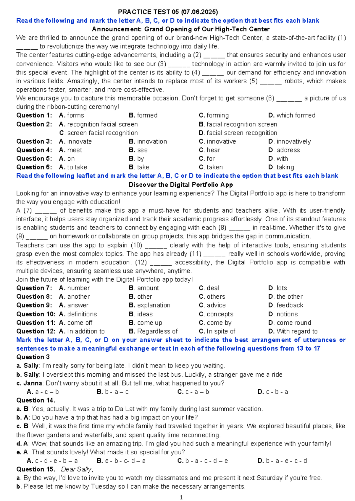 PRACTICE TEST 05 (07.06.2025) - Comprehensive Review and Exercises ...