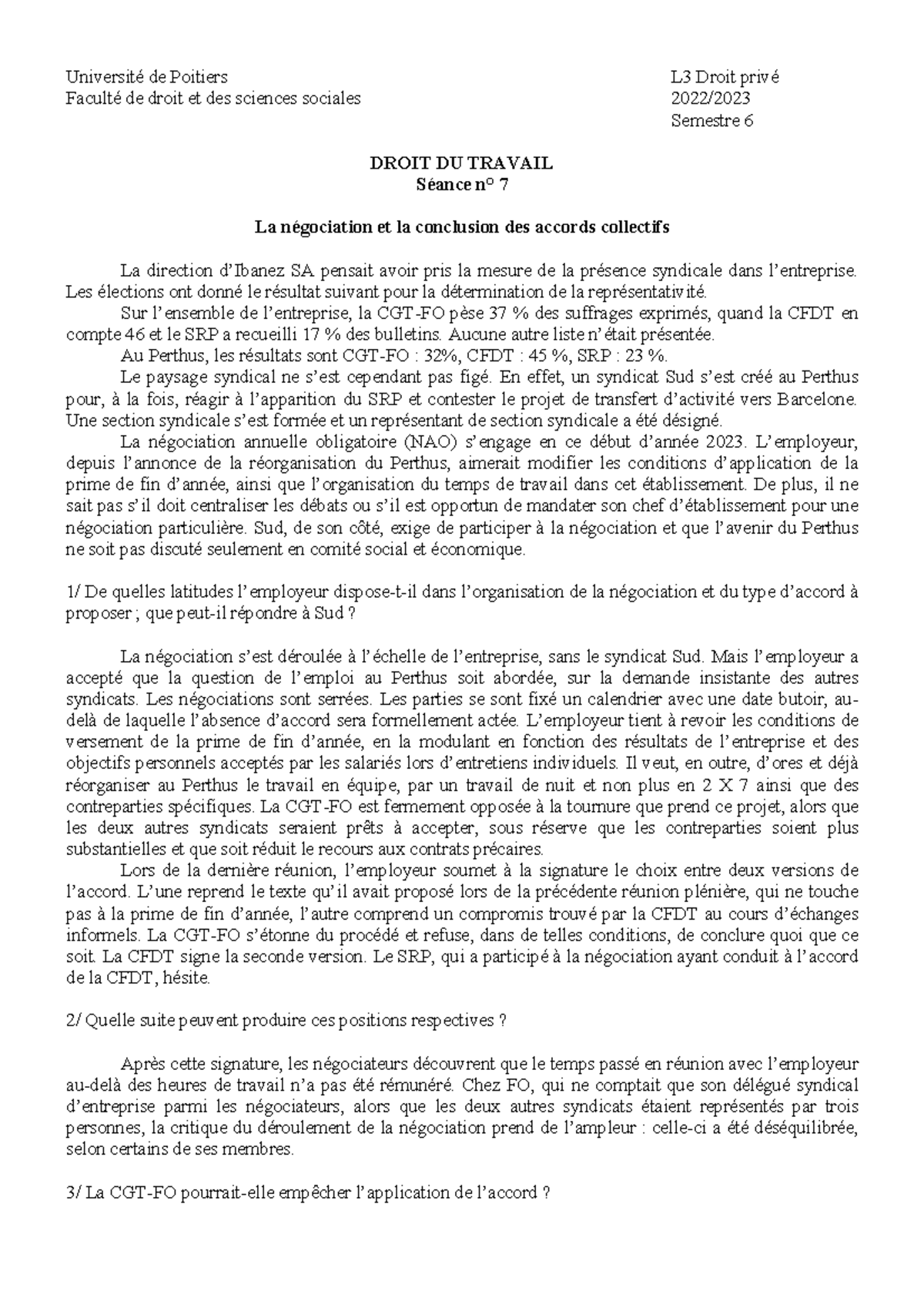 DROIT DU TRAVAIL Séance n° 7 : Négociation des Accords Collectifs - L3 ...