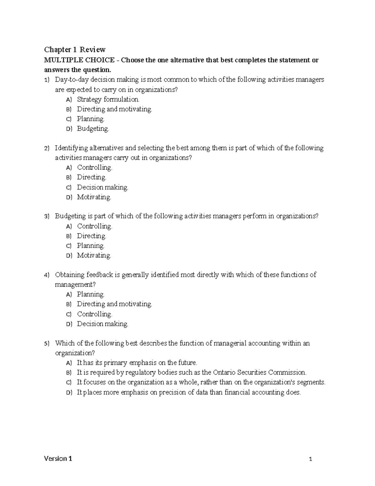 Chapter 1 Review: MCQs on Managerial Activities and Decision Making ...