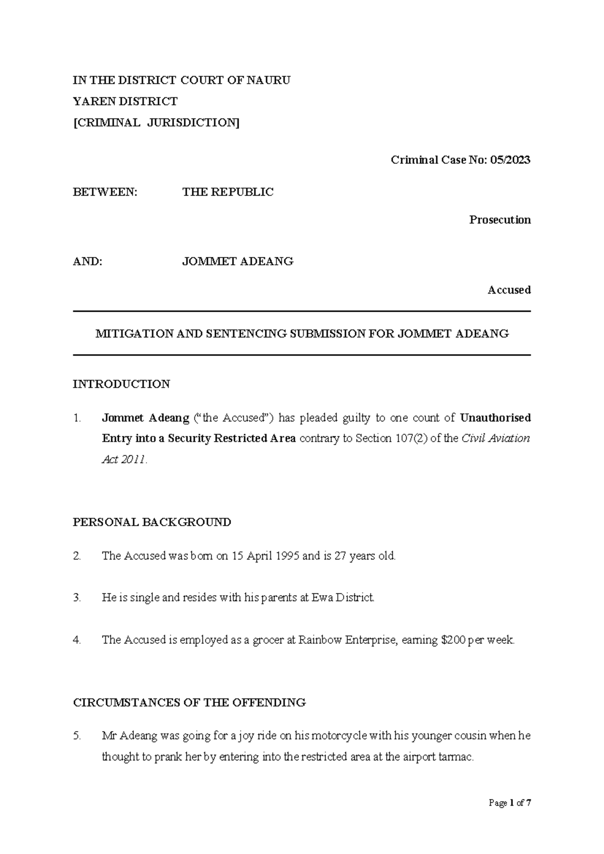 Mitigation and Sentencing Submission for Jommet Adeang (Criminal Case ...