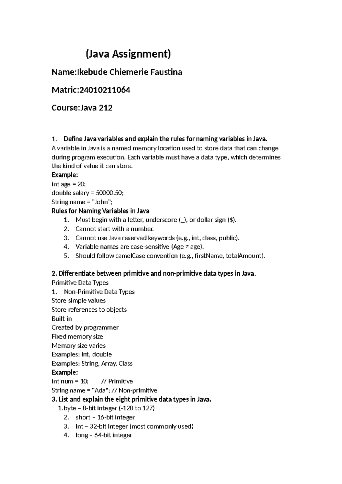 Java 212 Assignment: Understanding Variables, Data Types, and OOP ...