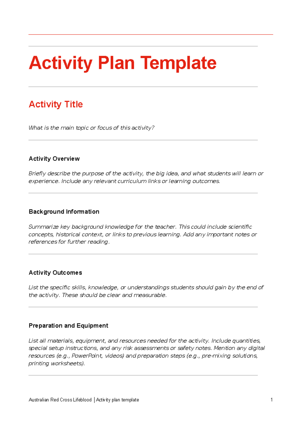Lifeblood Activity Plan Template: Overview & Outcomes Guide - Studocu