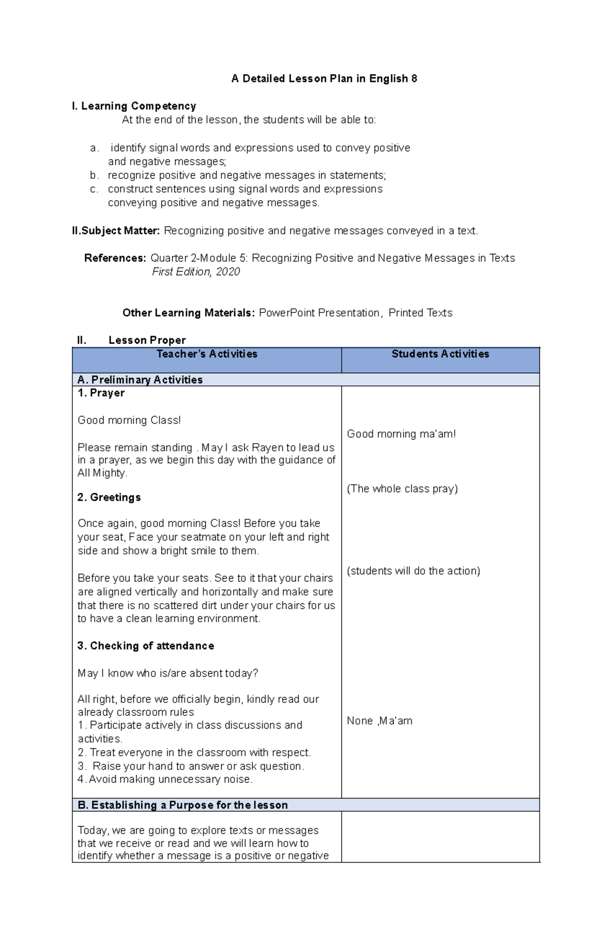 A Detailed Lesson Plan in English 8 - Learning Competency At the end of ...
